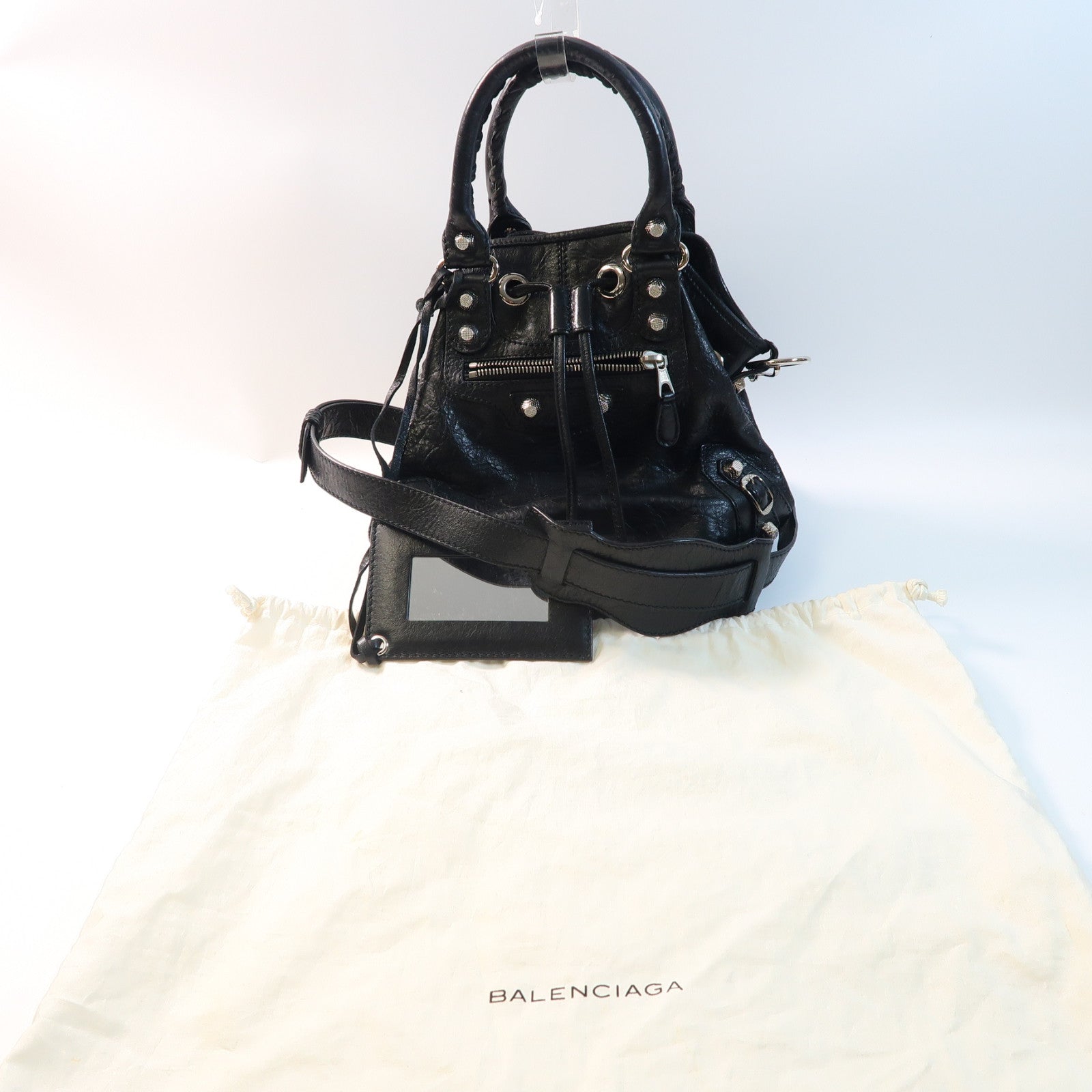 BALENCIAGA 牛皮皮革Giant 12 Mini Pompon銀扣手挽肩背兩用袋黑色