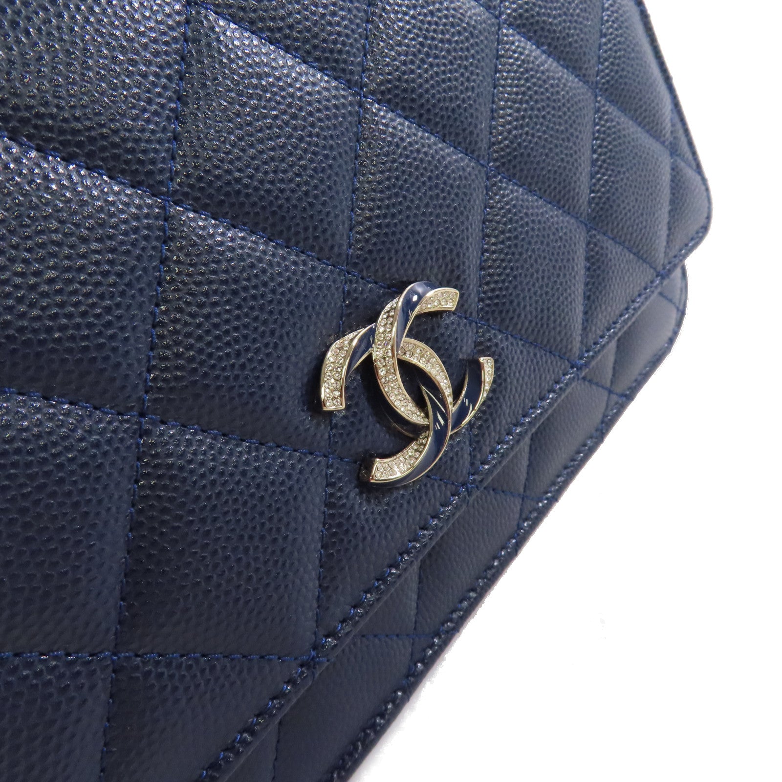 CHANEL 菱格Caviar皮革WOC Wallet On Chain Shoulder Bag銀扣鏈帶肩背袋藍色