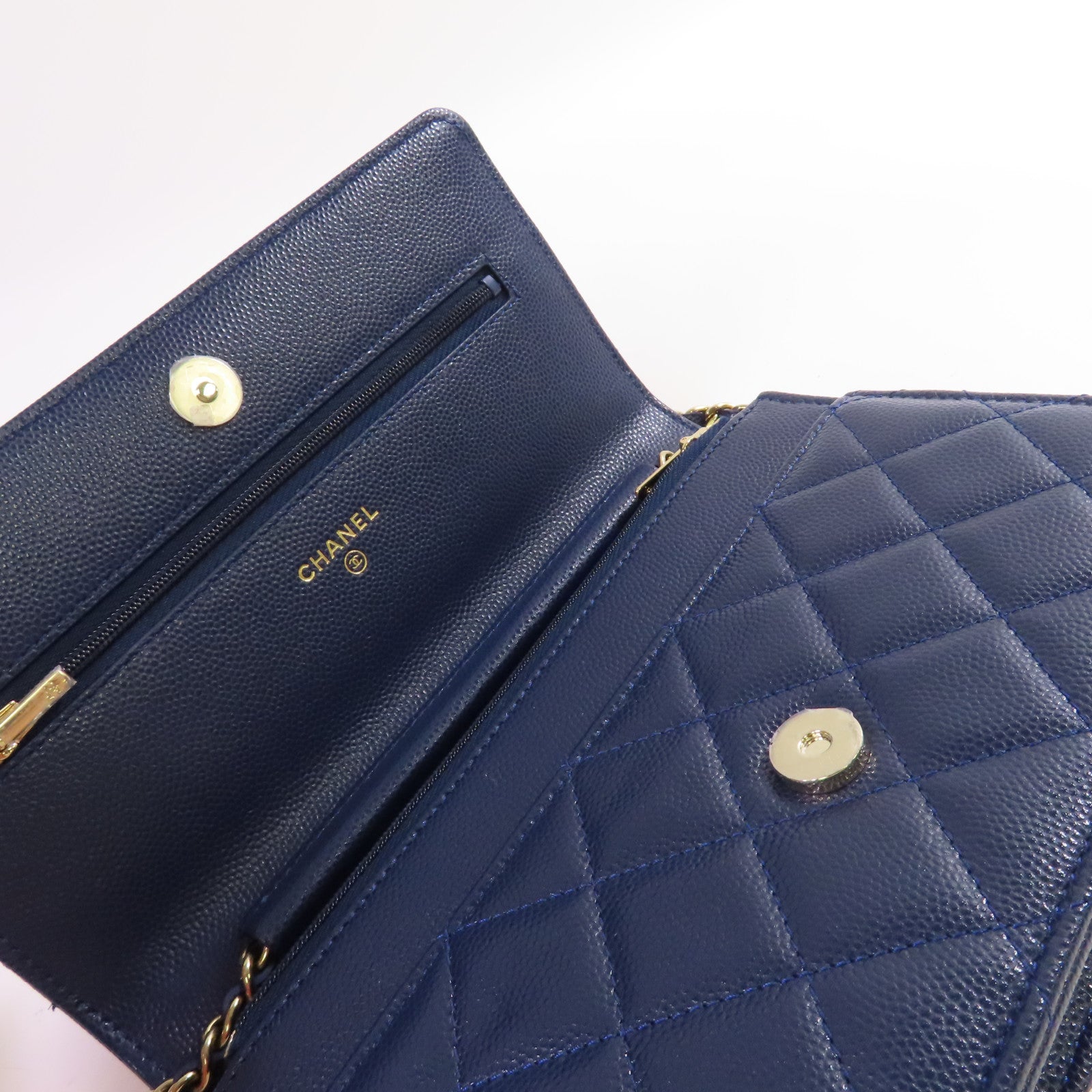 CHANEL 菱格Caviar皮革WOC Wallet On Chain Shoulder Bag銀扣鏈帶肩背袋藍色