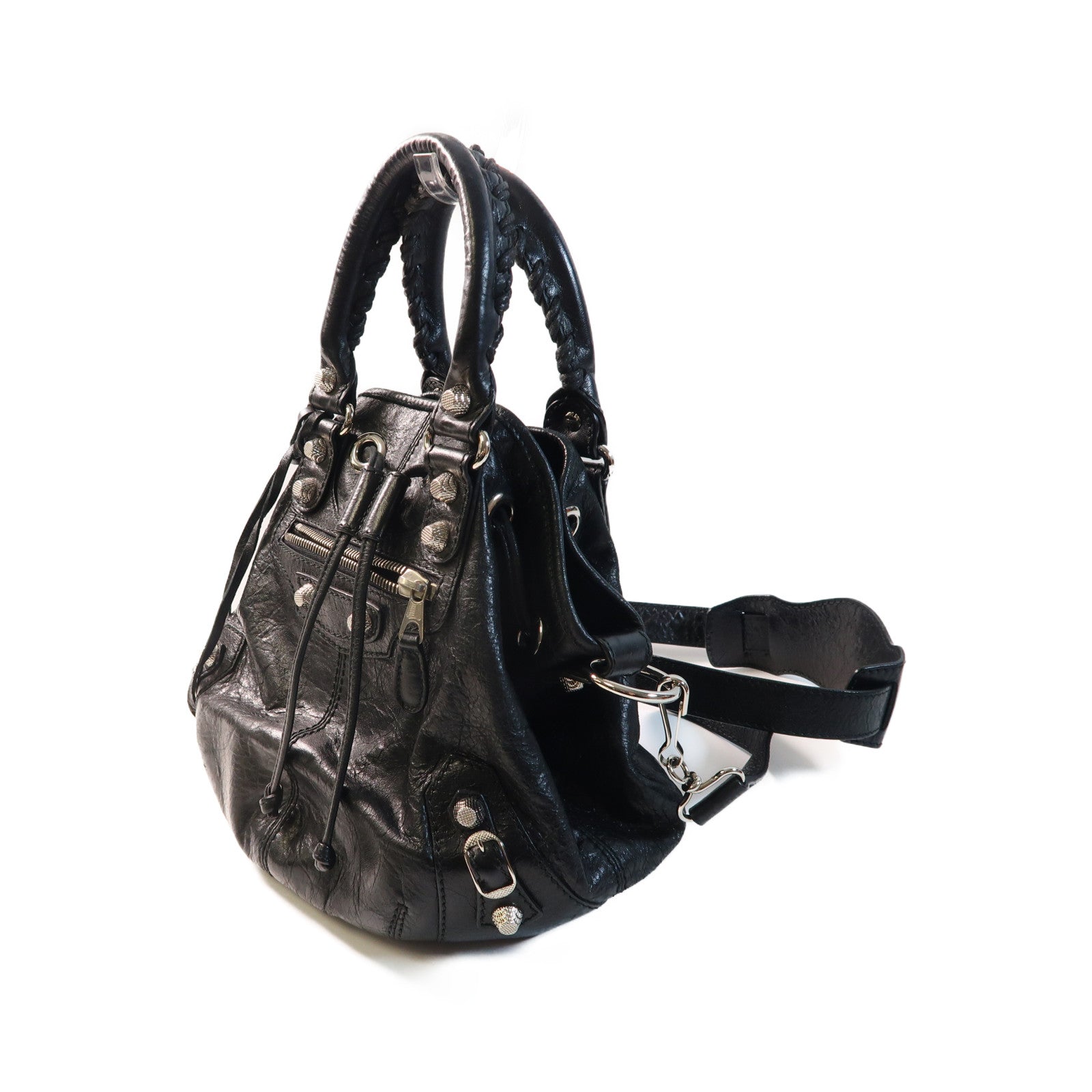 BALENCIAGA 牛皮皮革Giant 12 Mini Pompon銀扣手挽肩背兩用袋黑色