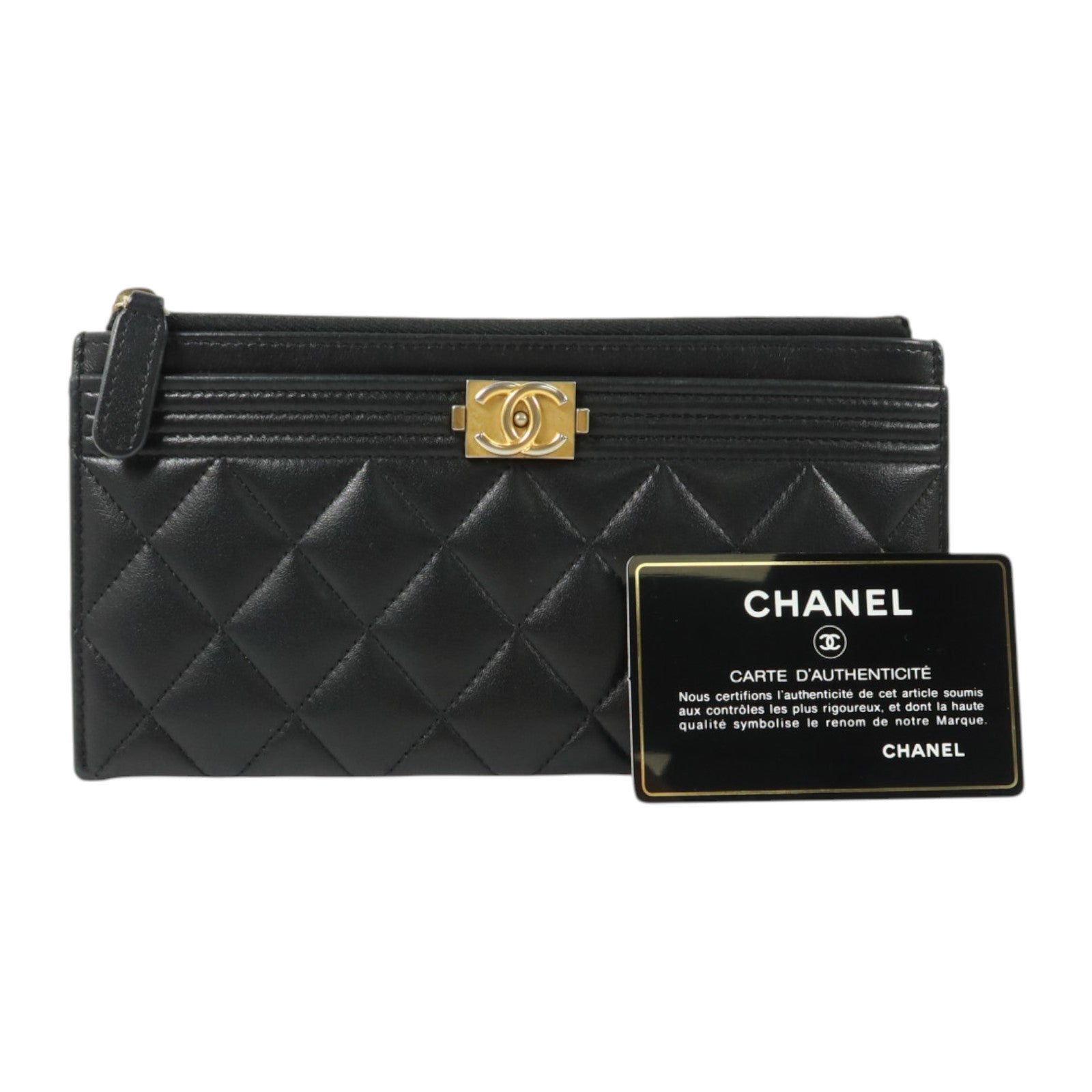 CHANEL 羊皮皮革Boy Chanel Zipper Long Wallet金扣長錢包