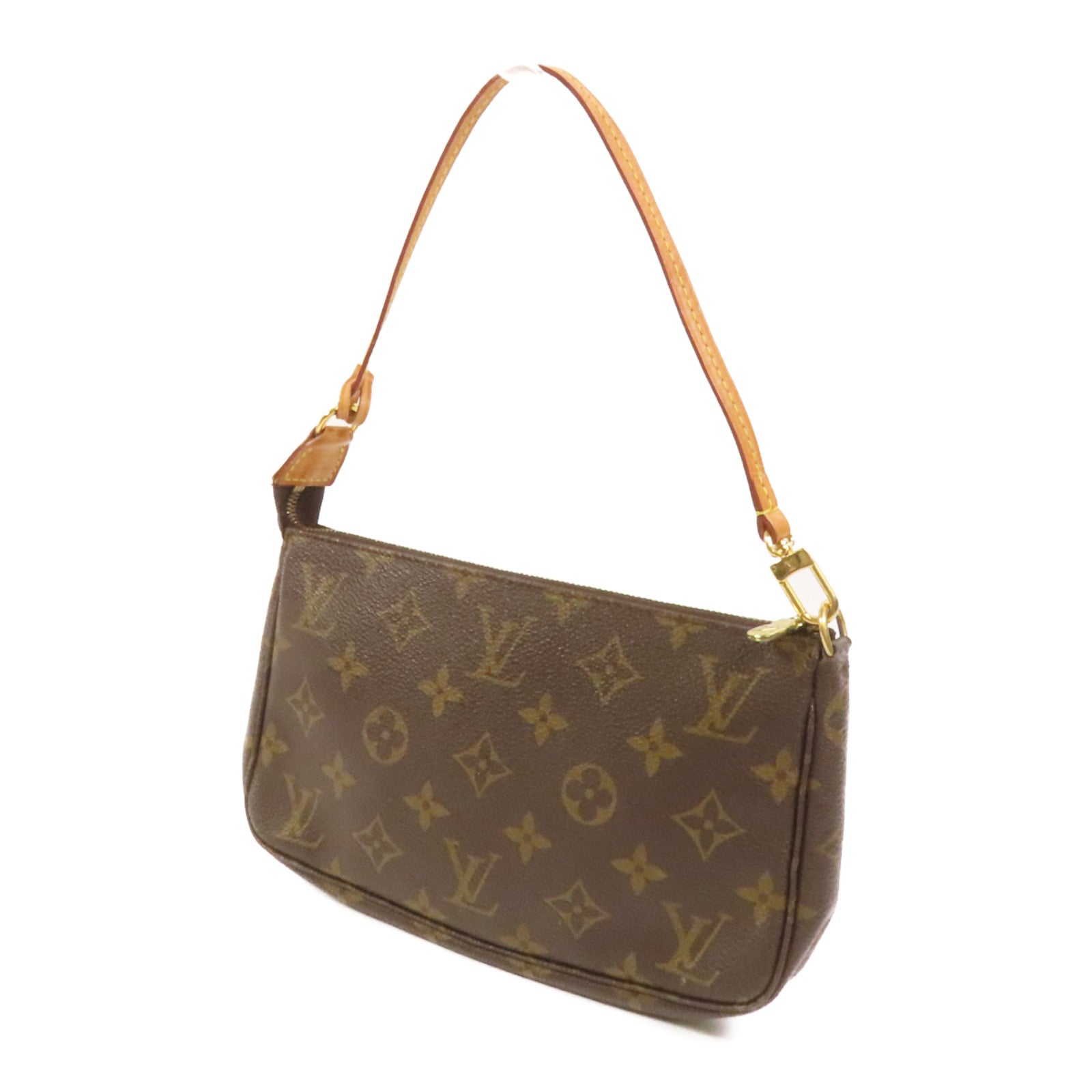 LOUIS VUITTON Monogram Pochette Accessoires金扣手挽袋棕色