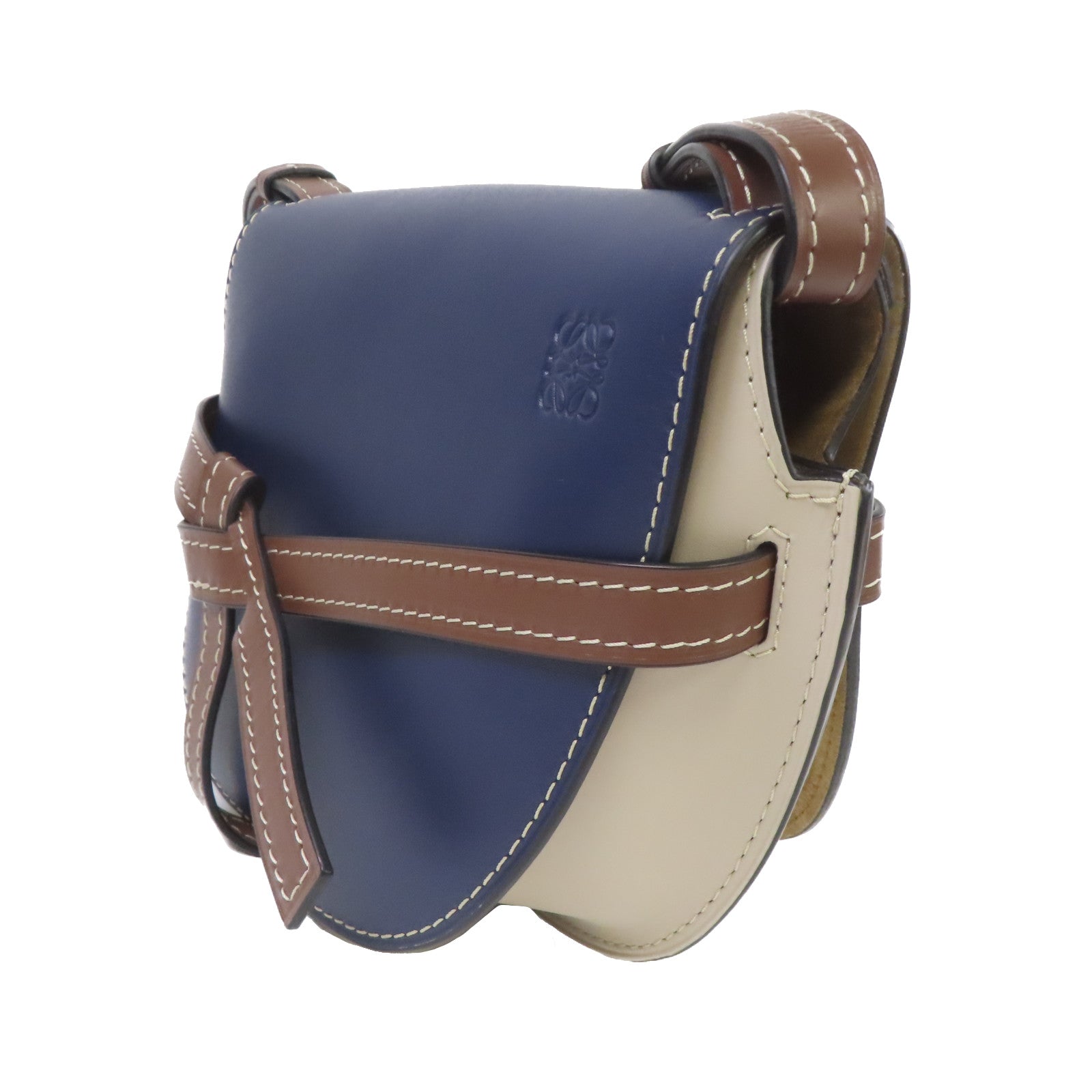 LOEWE 牛皮皮革Small Gate金扣肩背袋藍色/米色/啡色