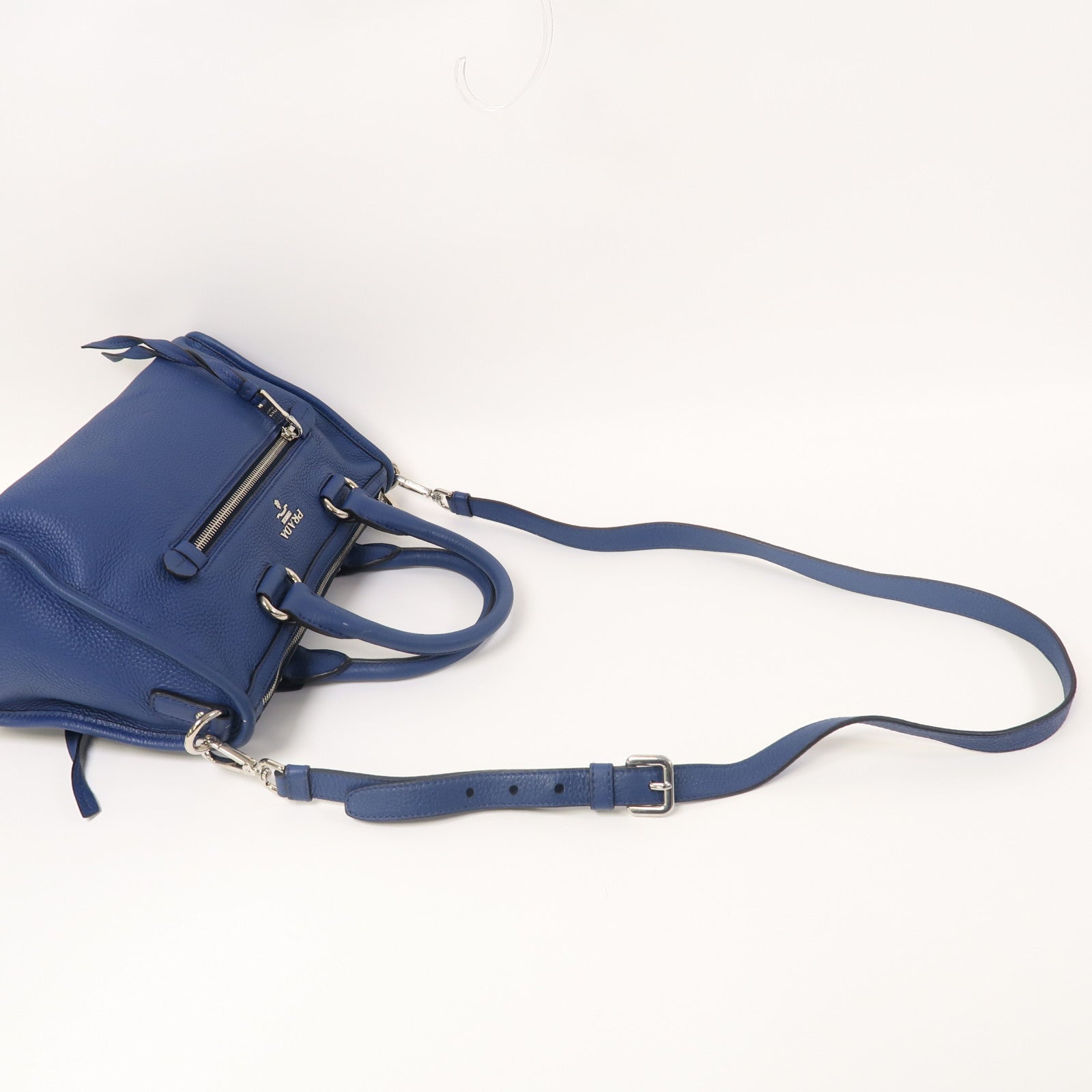 PRADA 牛皮皮革2 Way Shoulder銀扣手挽肩背兩用袋藍色