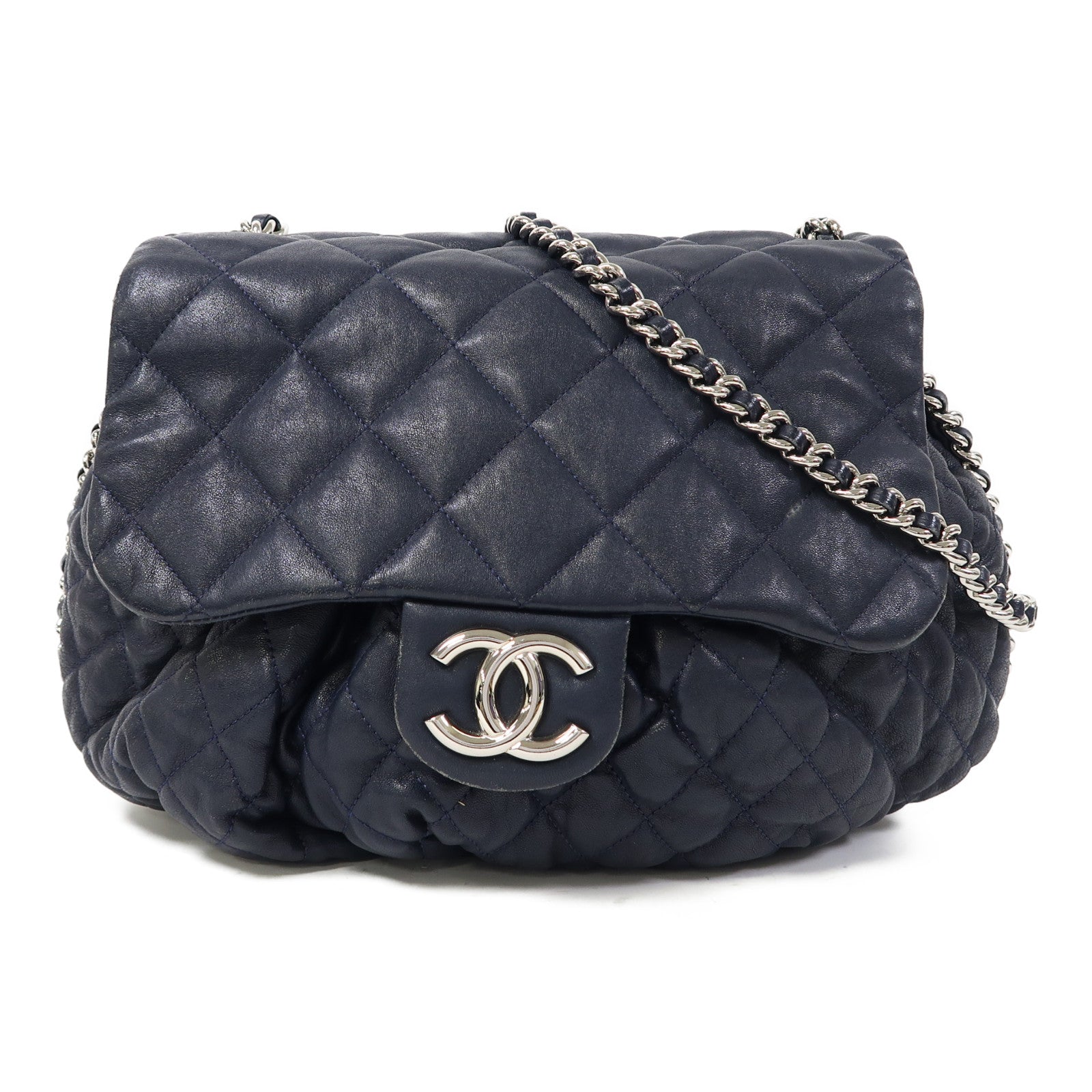 CHANEL 菱格牛皮皮革Chain Shoulder銀扣鏈帶肩背袋深藍色