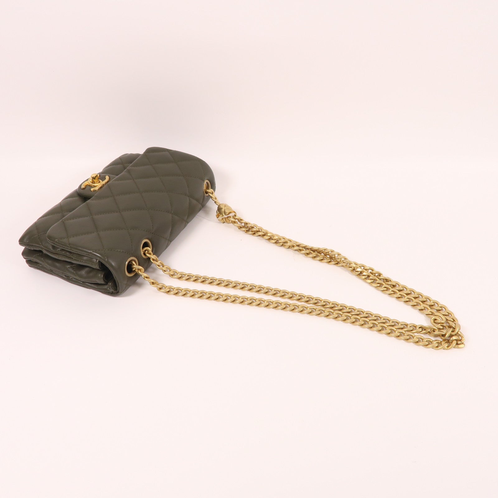 CHANEL 羊皮皮革Chain Shoulder金扣鏈帶肩背袋綠色