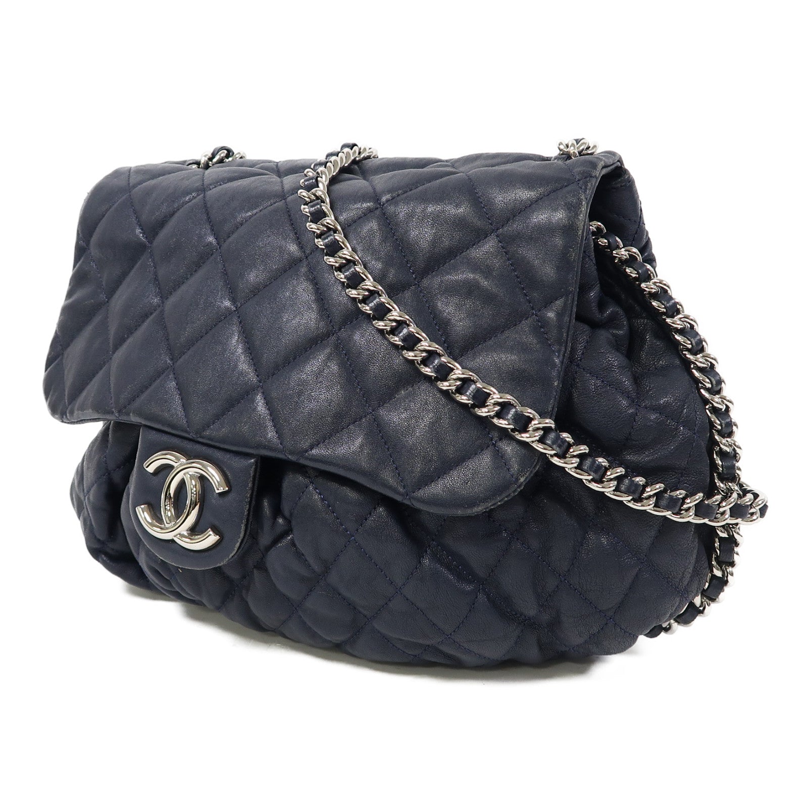 CHANEL 菱格牛皮皮革Chain Shoulder銀扣鏈帶肩背袋深藍色
