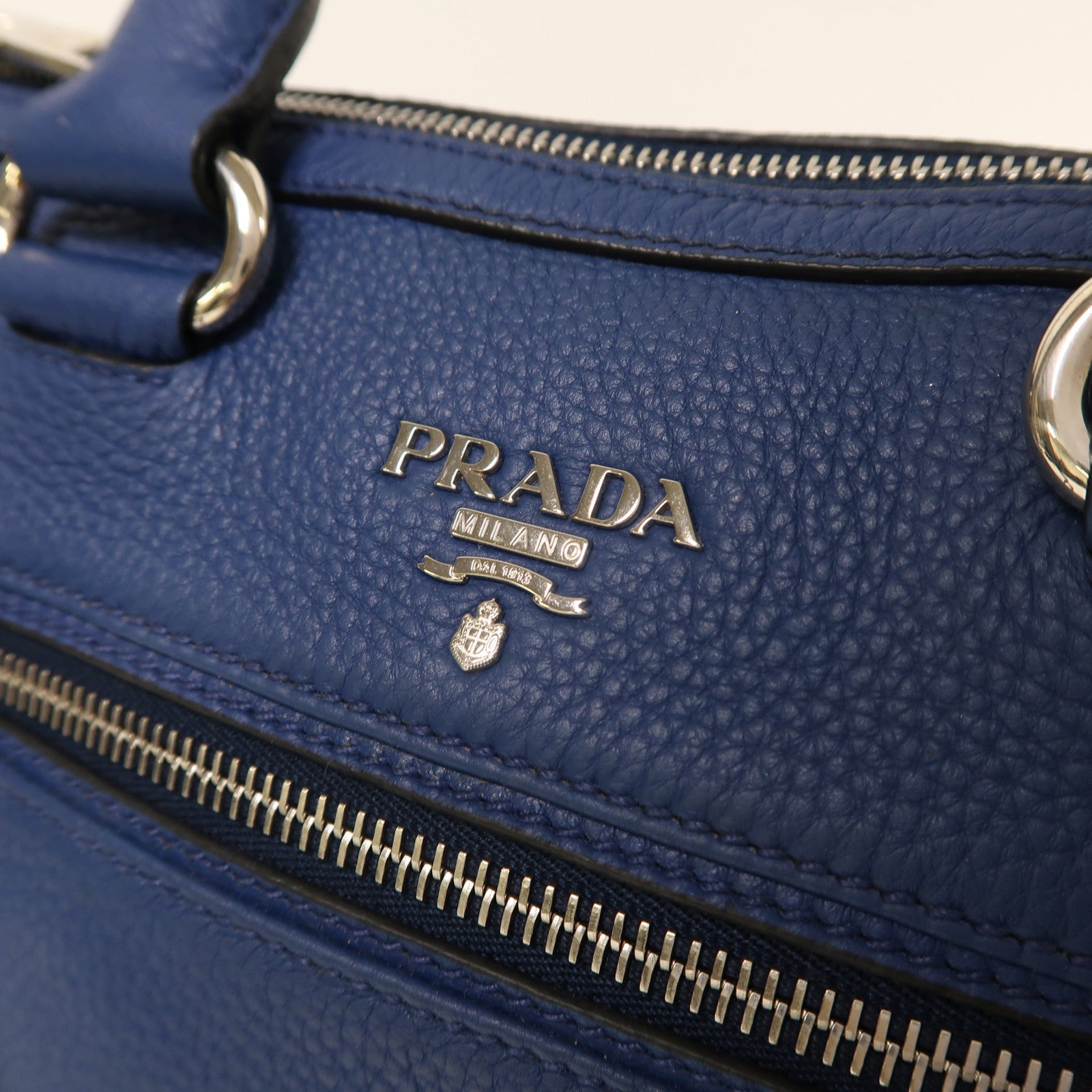 PRADA 牛皮皮革2 Way Shoulder銀扣手挽肩背兩用袋藍色