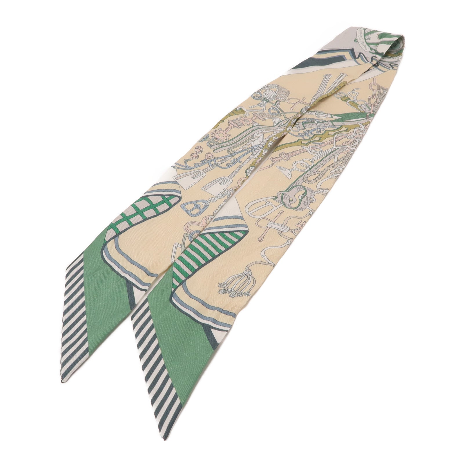 HERMES 絲質Twilly絲巾綠色/米色