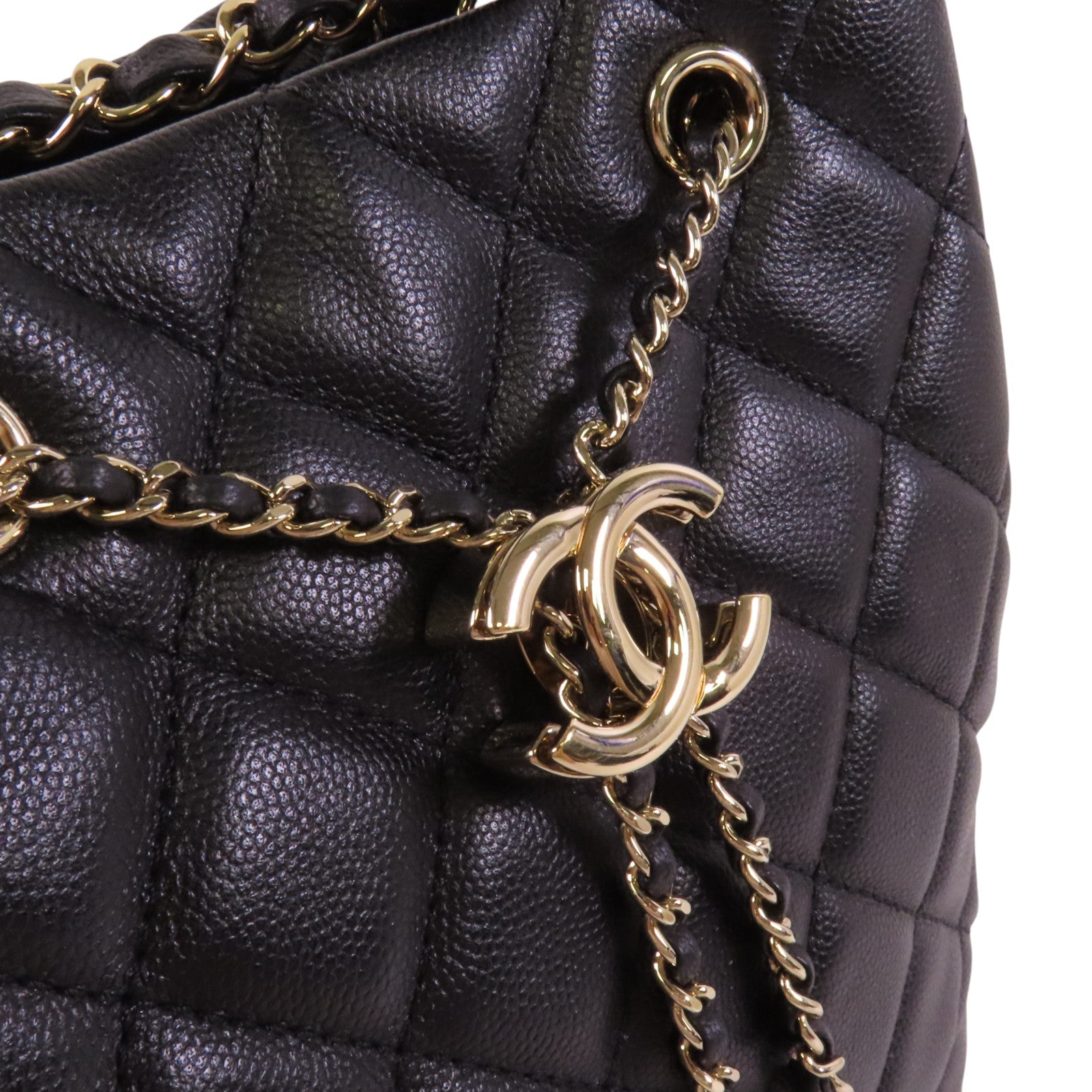 CHANEL 牛皮皮革Bucket Bag金扣鏈帶手挽肩背兩用袋