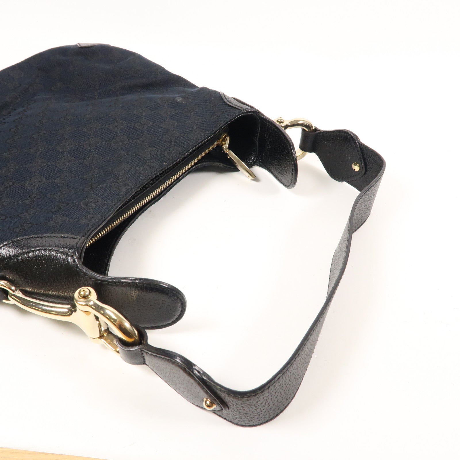 GUCCI 帆布Horsebit Hand Bag銀扣手挽袋黑色