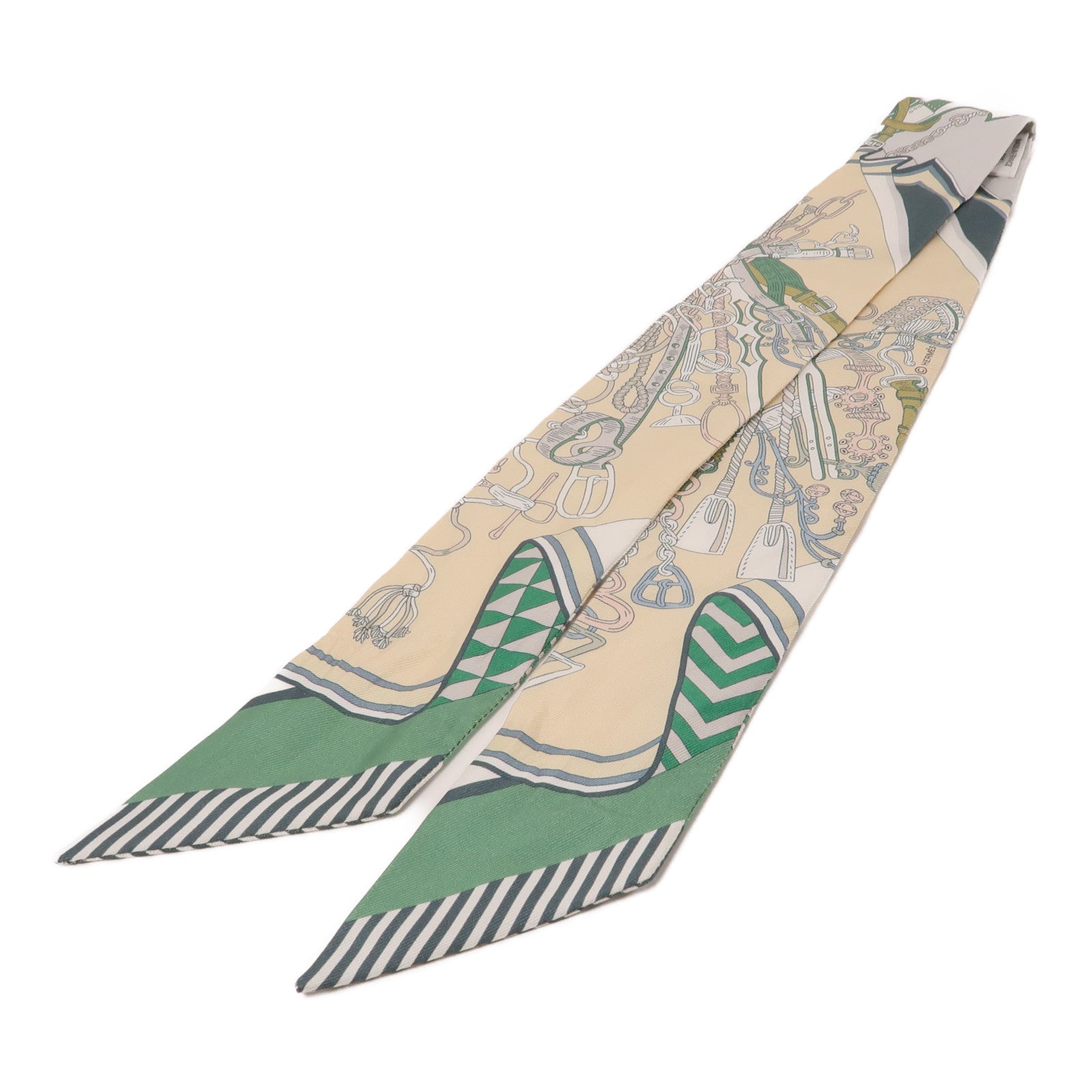 HERMES 絲質Twilly絲巾綠色/米色