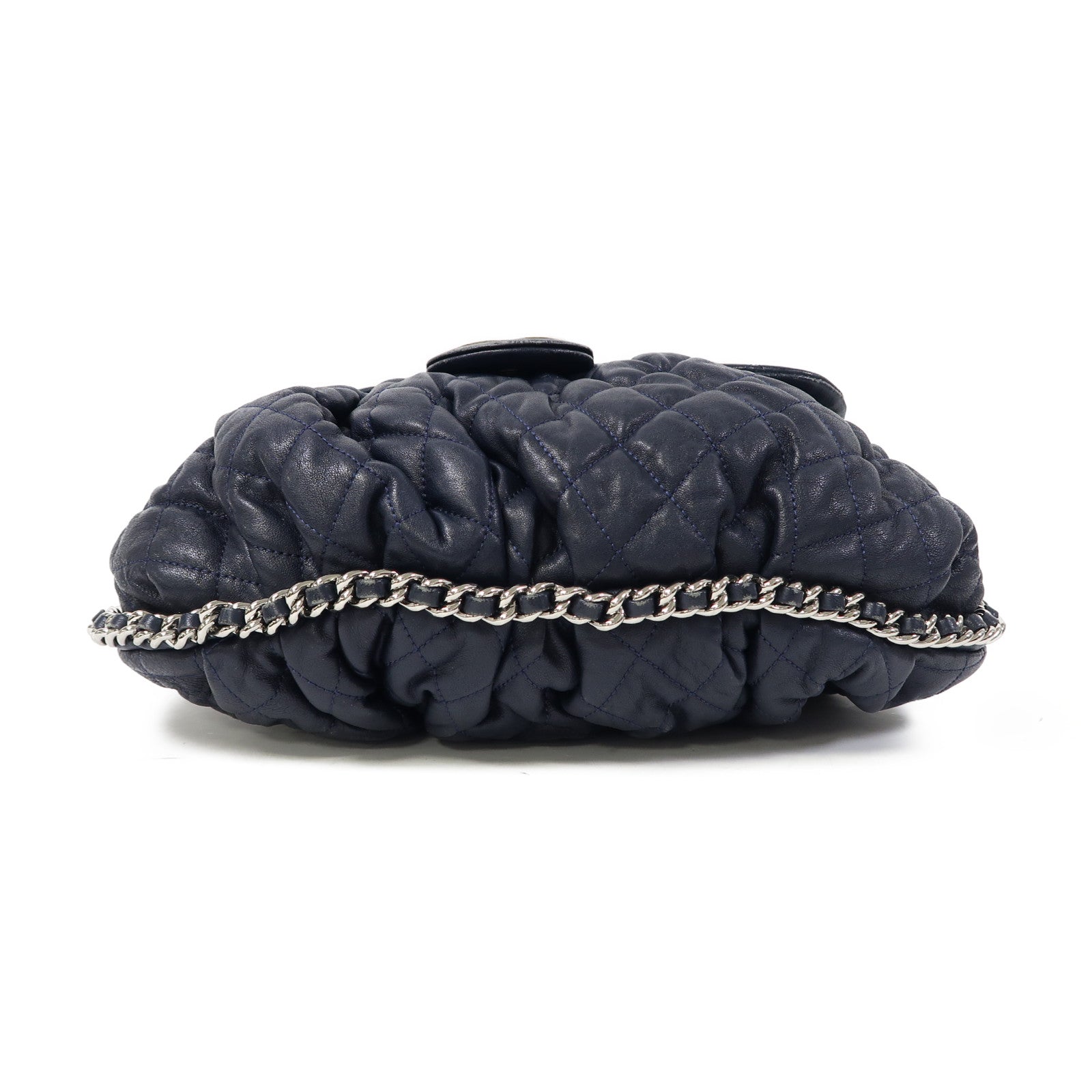 CHANEL 菱格牛皮皮革Chain Shoulder銀扣鏈帶肩背袋深藍色