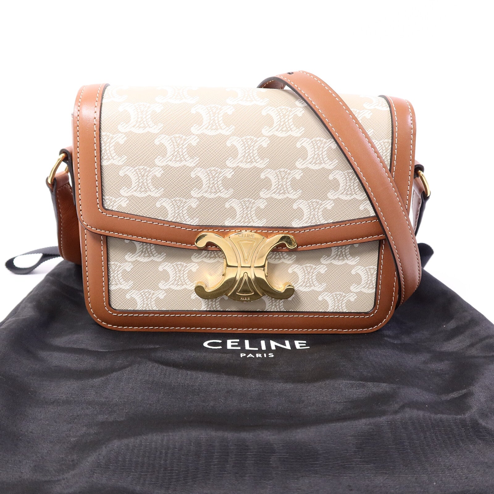 CELINE 塗層帆布/牛皮皮革Teen Triomphe肩背袋