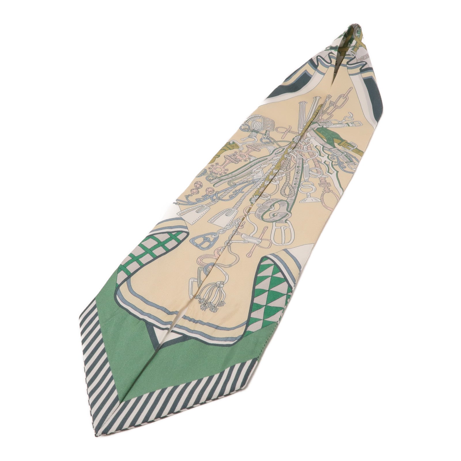 HERMES 絲質Twilly絲巾綠色/米色