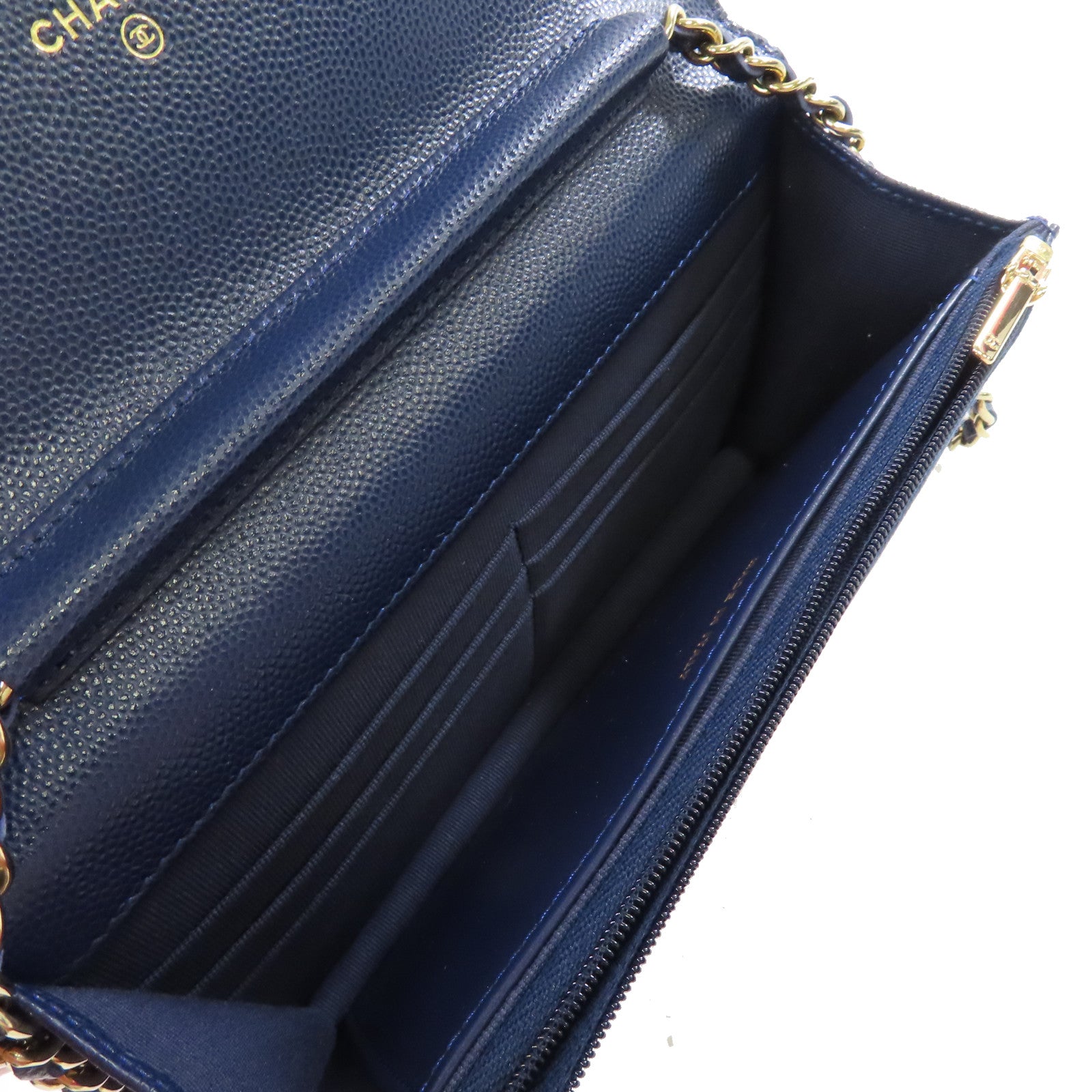 CHANEL 菱格Caviar皮革WOC Wallet On Chain Shoulder Bag銀扣鏈帶肩背袋藍色