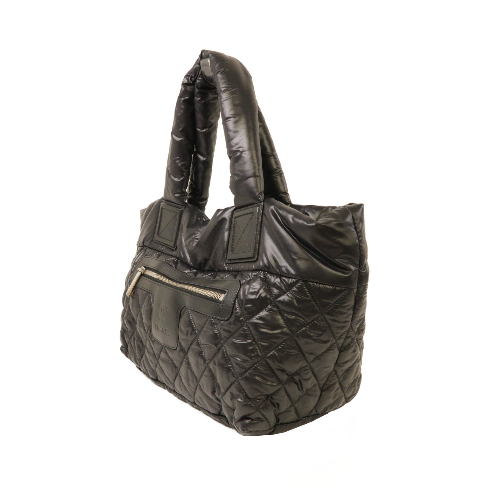 CHANEL 菱格尼龍Cocoon Bag銀扣手挽袋黑色