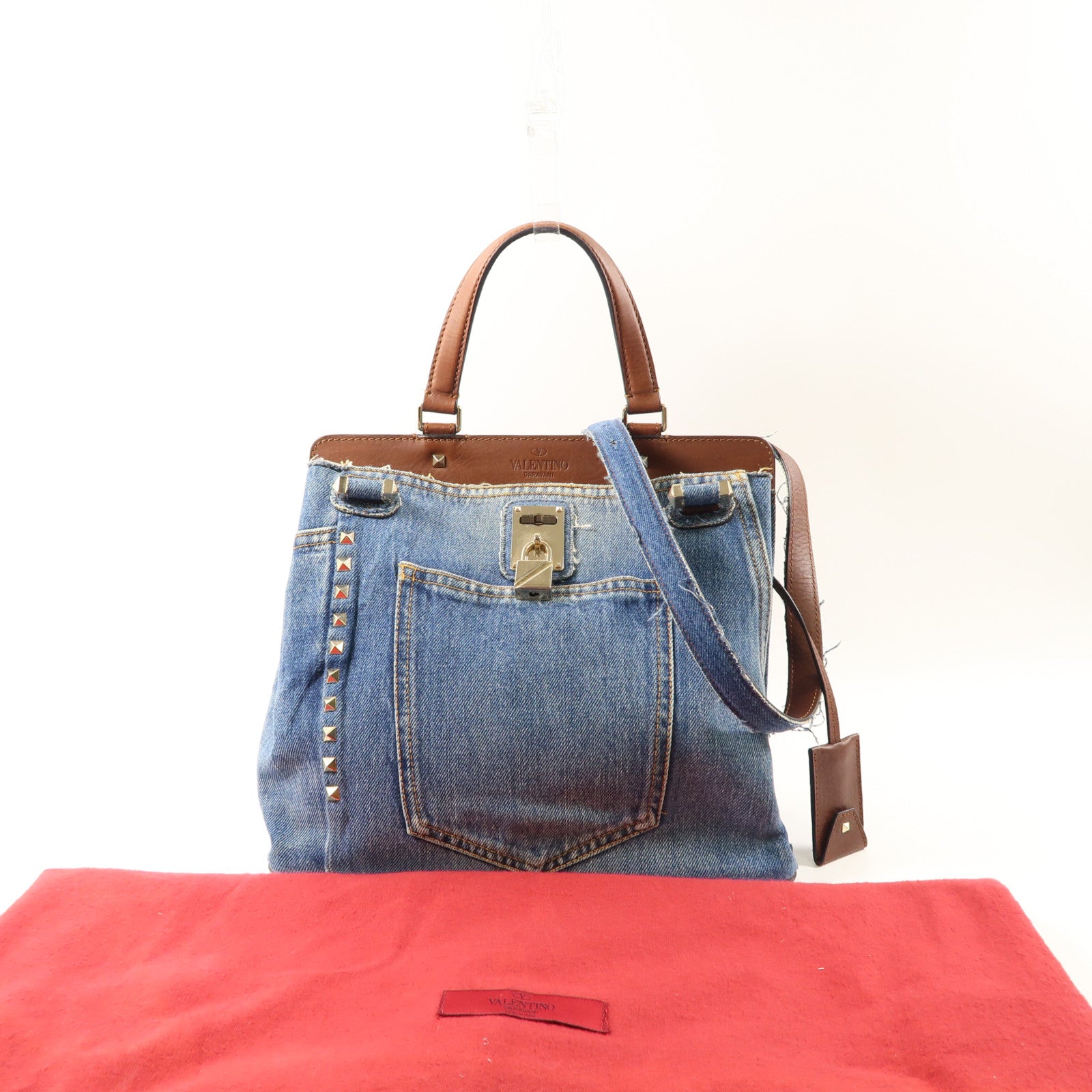 Valentino 牛仔布2 Way Shoulder Bag金扣手挽肩背兩用袋藍色