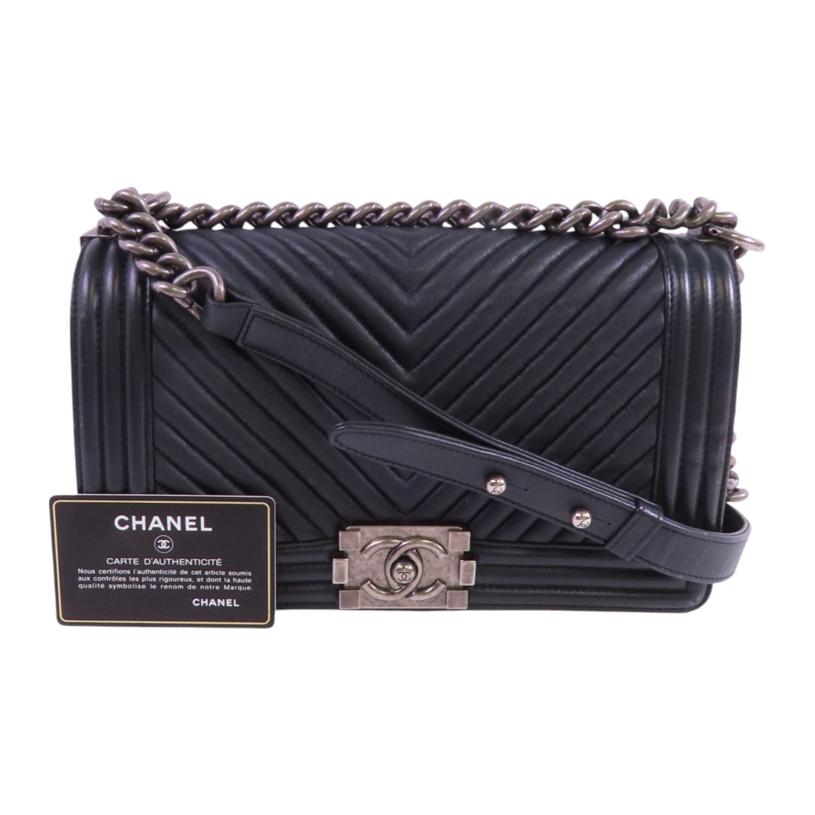 CHANEL 羊皮皮革Boy 25銀扣鏈帶肩背袋