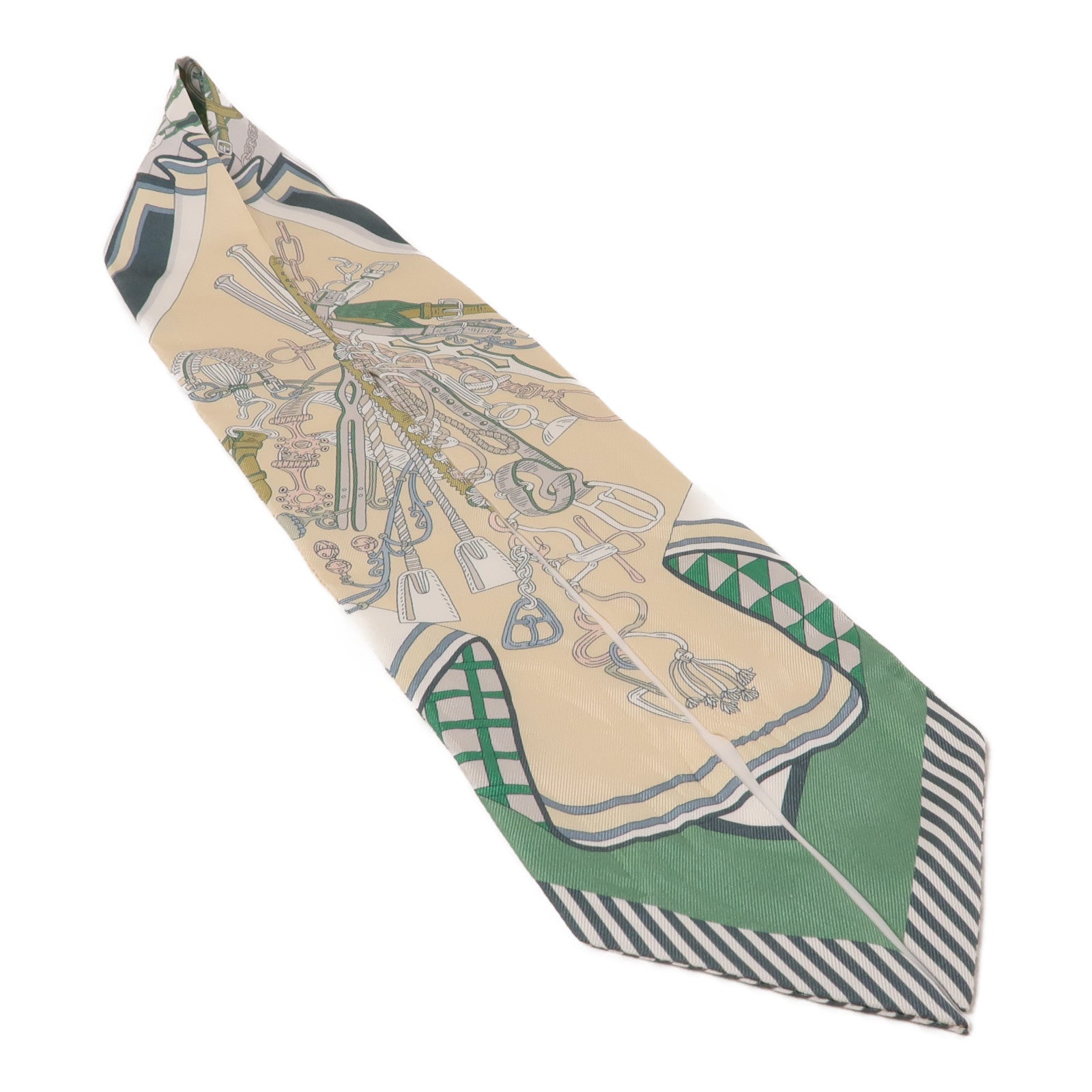 HERMES 絲質Twilly絲巾綠色/米色