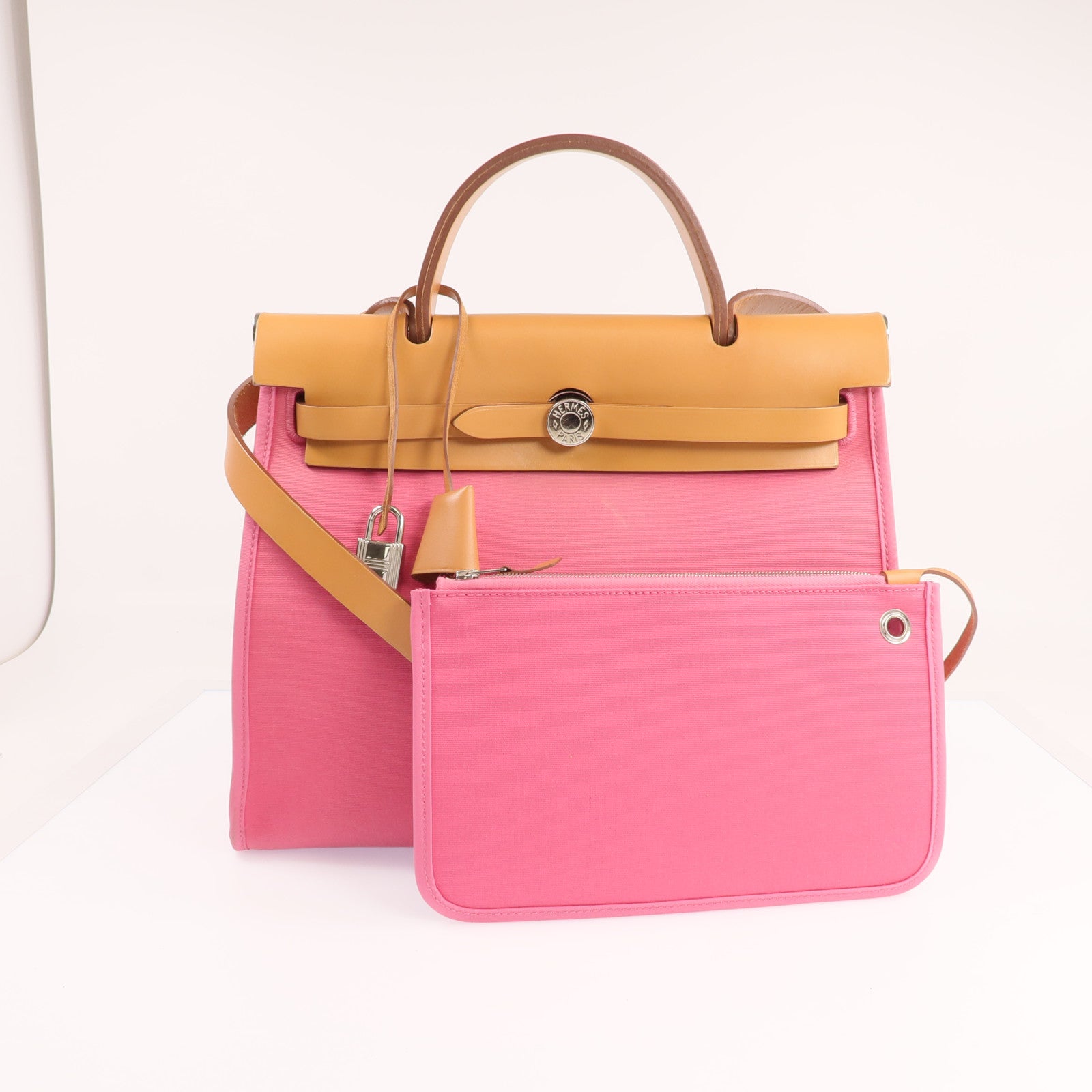 HERMES 帆布Herbag PM銀扣手挽肩背兩用袋Bois de Rose
