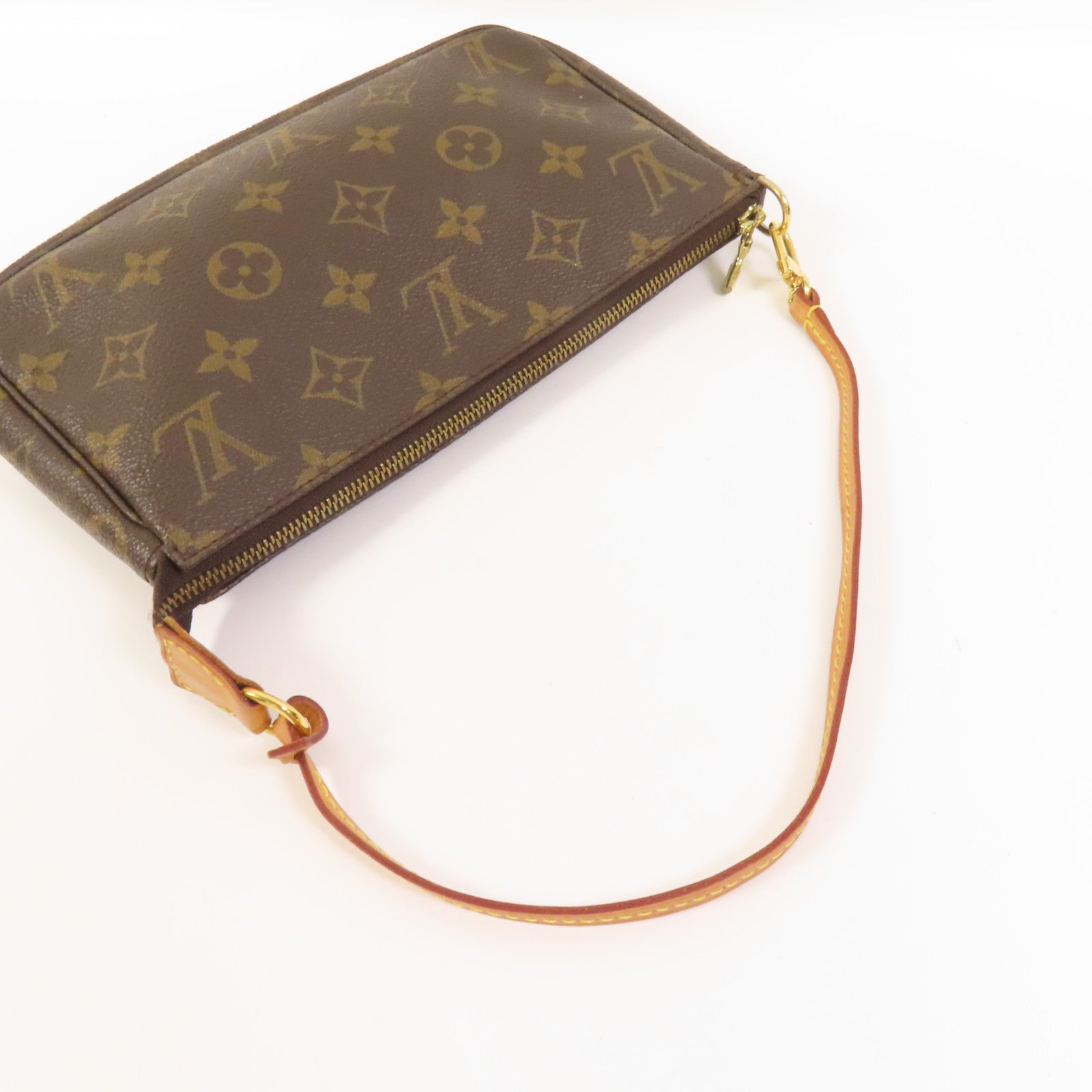 LOUIS VUITTON Monogram Pochette Accessoires金扣手挽袋棕色