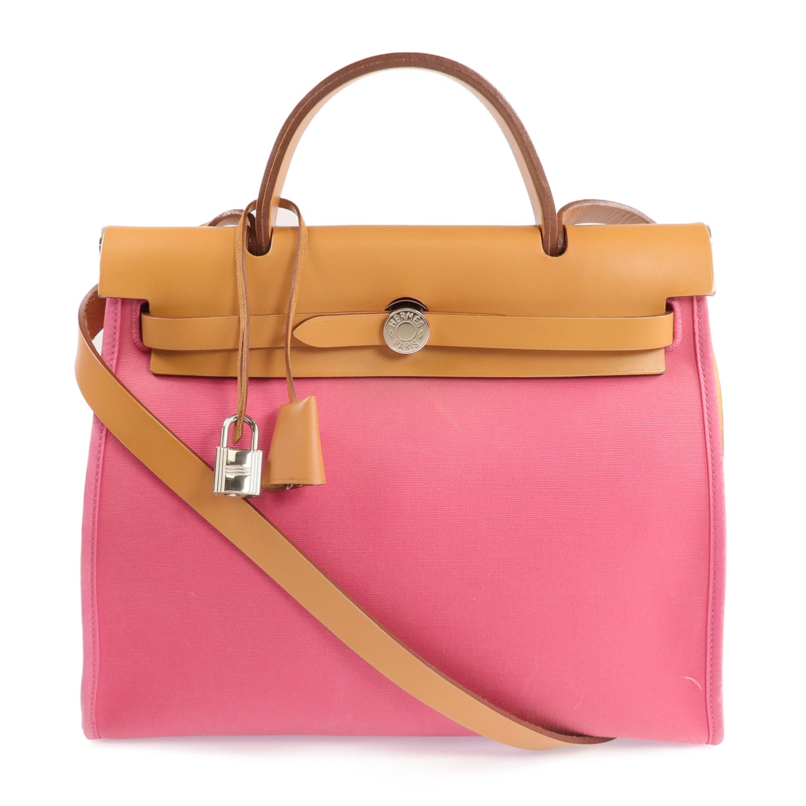 HERMES 帆布Herbag PM銀扣手挽肩背兩用袋Bois de Rose