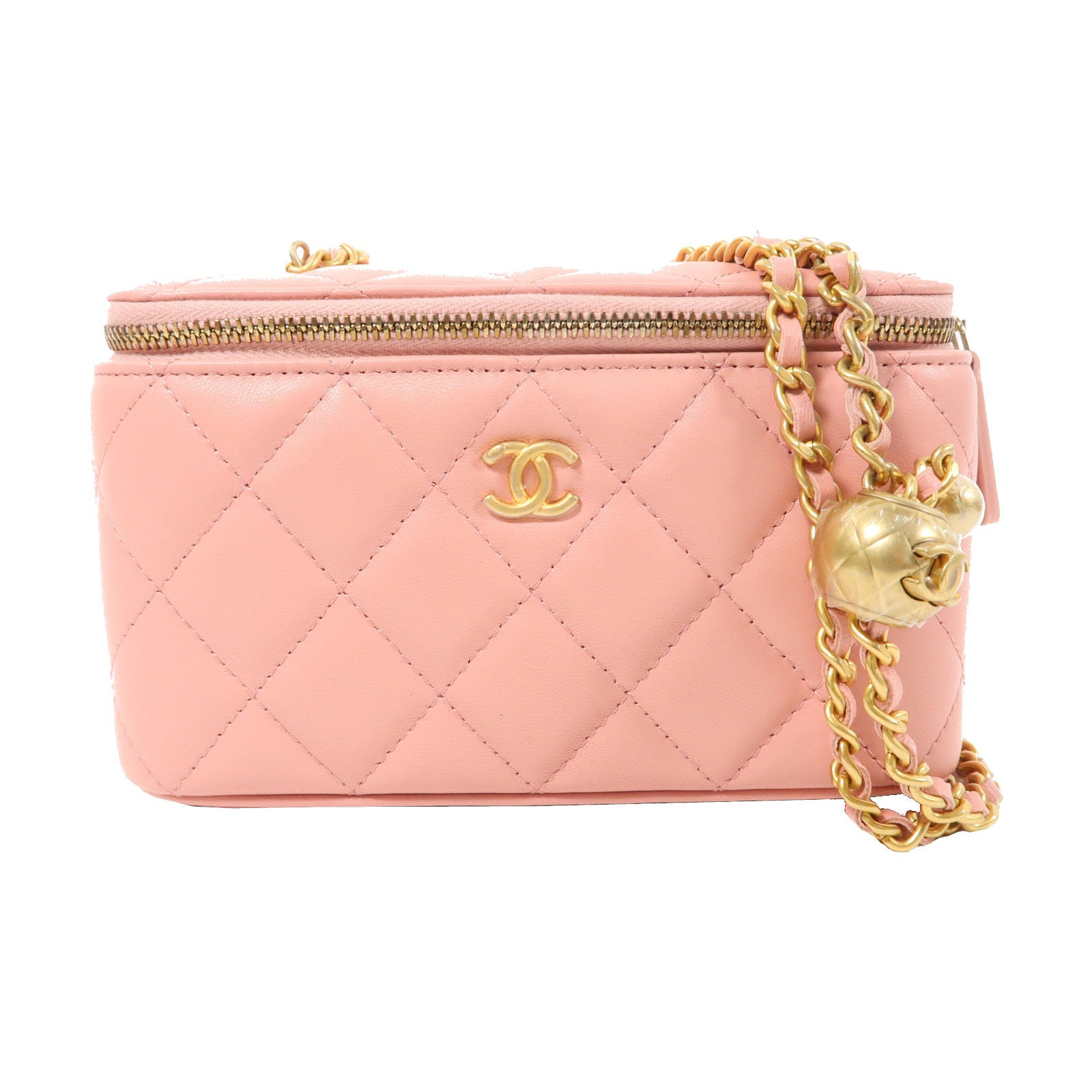 CHANEL 菱格羊皮皮革Vanity Case金扣鏈帶肩背袋粉紅色