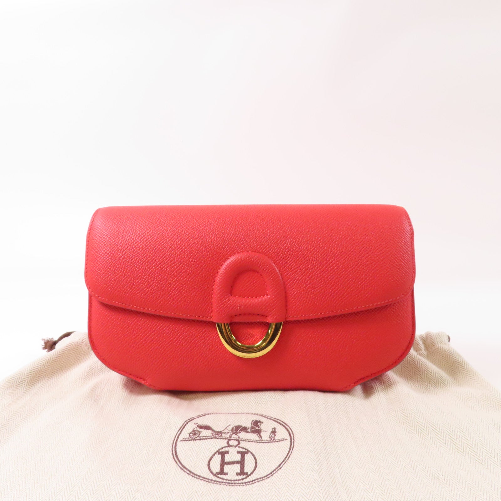 HERMES Epsom皮革Mini Cherche金扣手拿包紅色