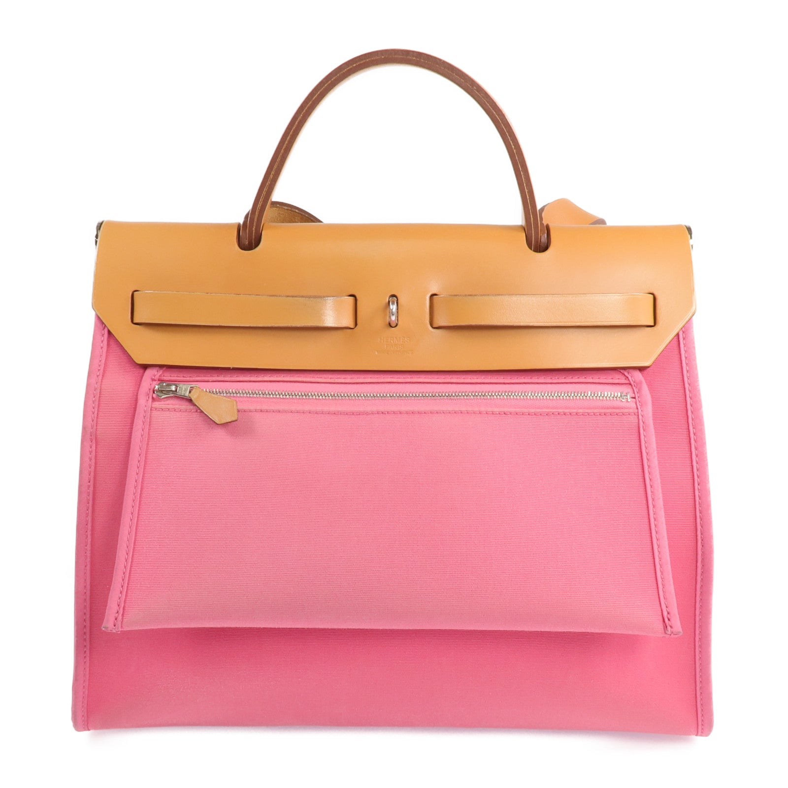 HERMES 帆布Herbag PM銀扣手挽肩背兩用袋Bois de Rose