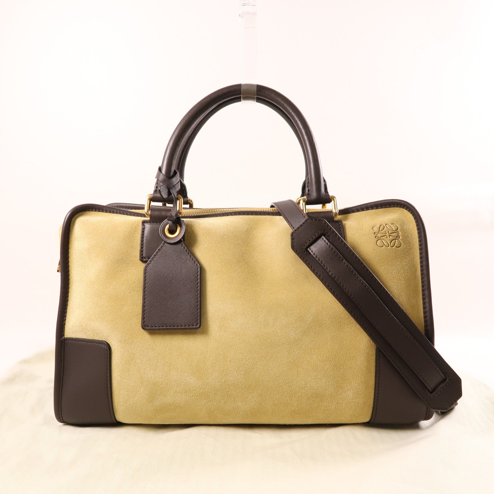 LOEWE 麂皮皮革/牛皮皮革Amazona金扣手挽肩背兩用袋棕色