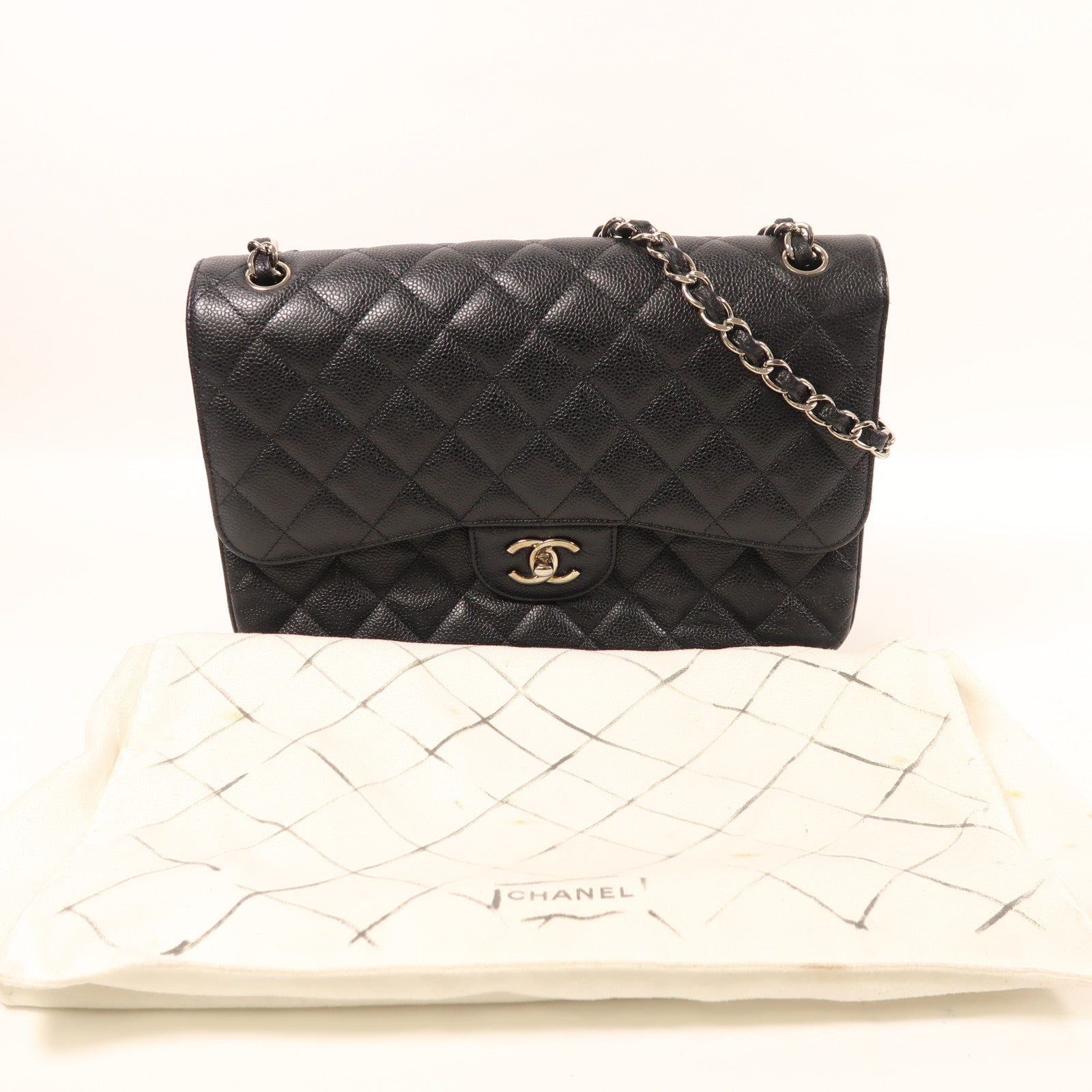 CHANEL 牛皮皮革Large Classic銀扣鏈帶肩背袋