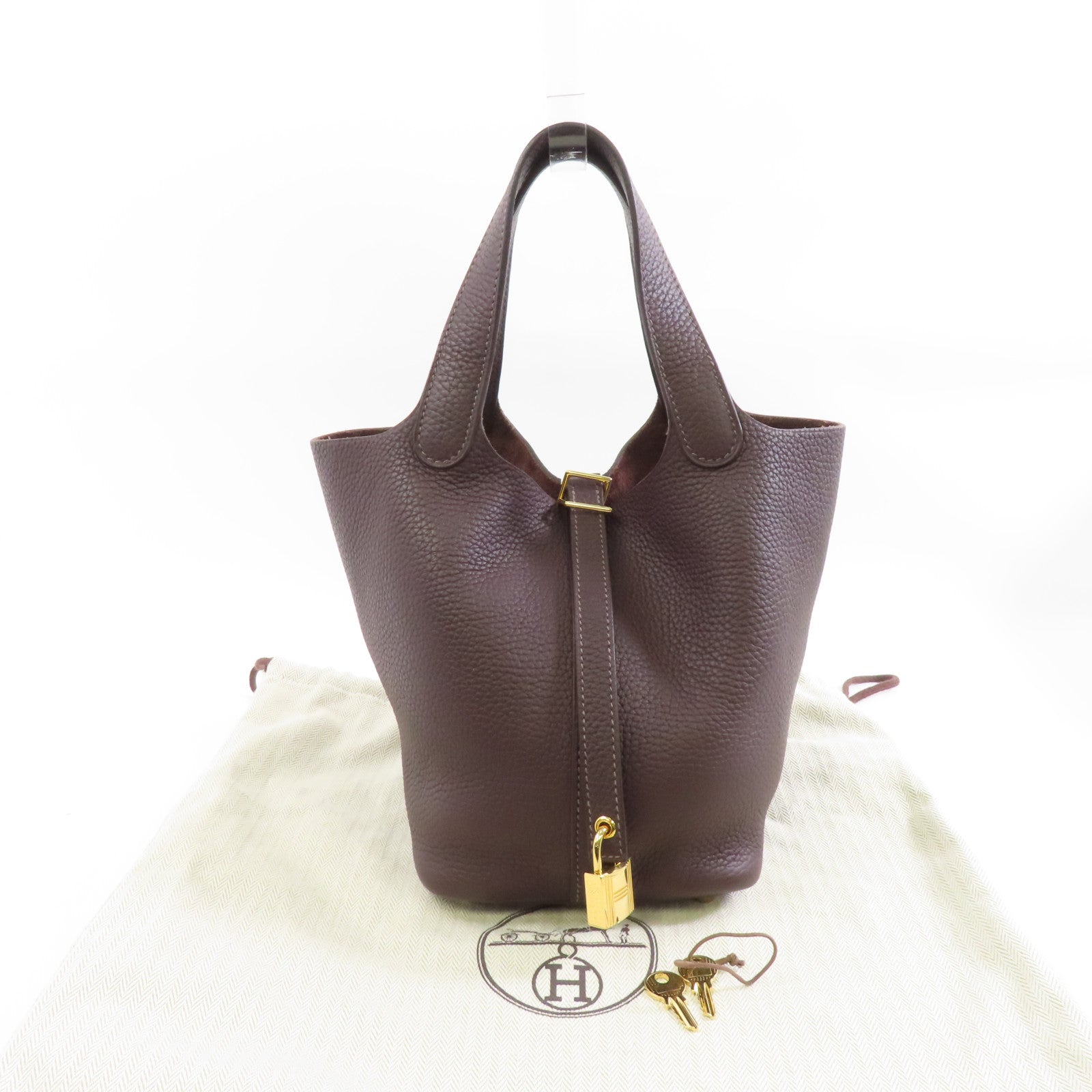 HERMES Clemence皮革Picotin PM金扣手挽袋Rouge Sellier/棕色