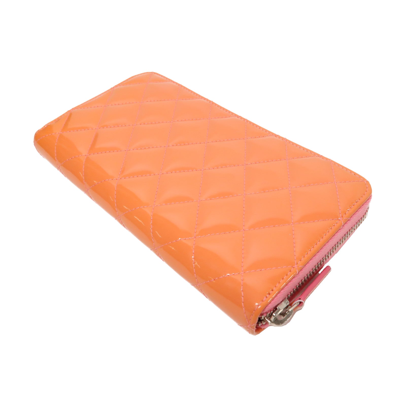 CHANEL 菱格漆皮皮革Long Wallet銀扣長錢包橙色