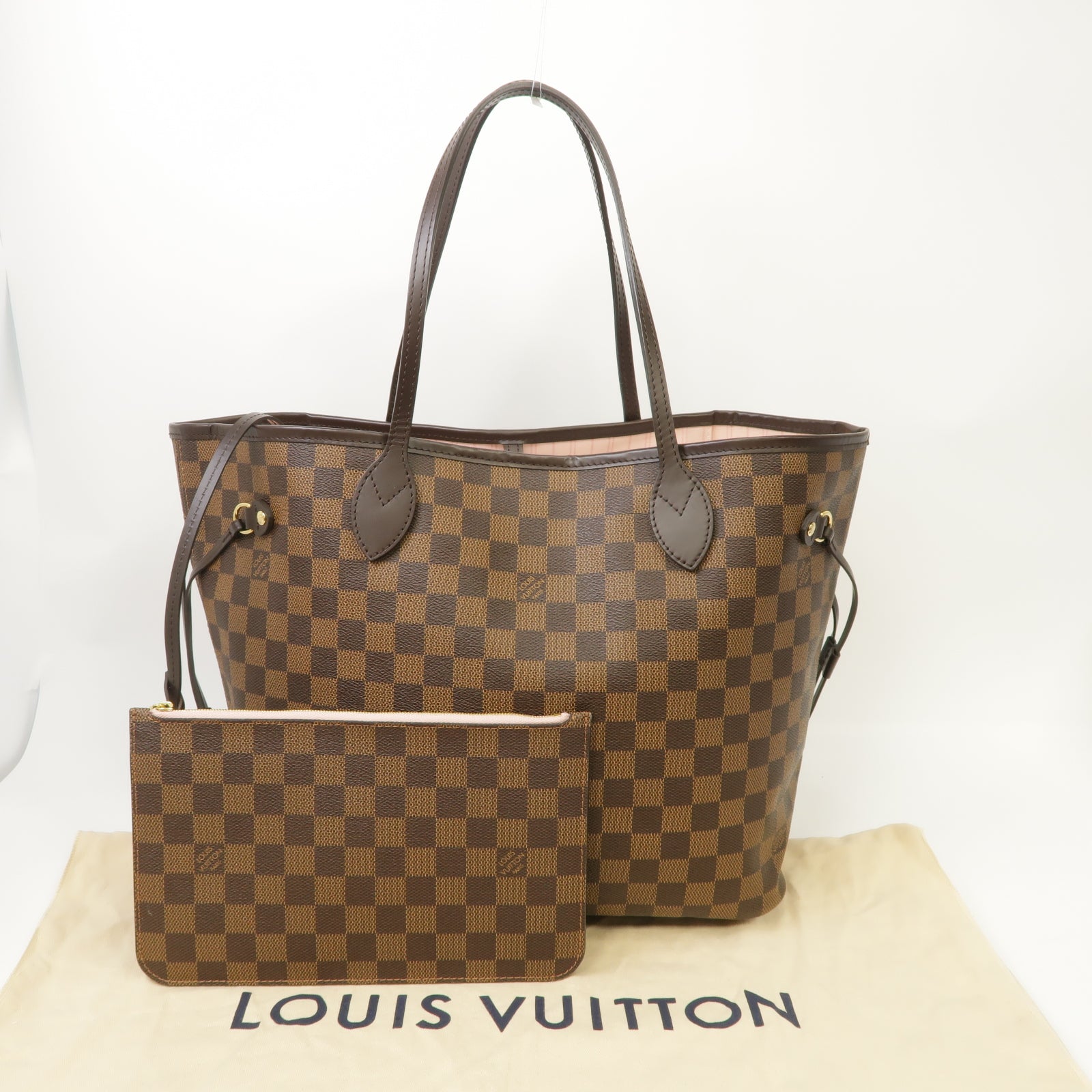 LOUIS VUITTON Damier Neverfull MM金扣手挽袋啡色
