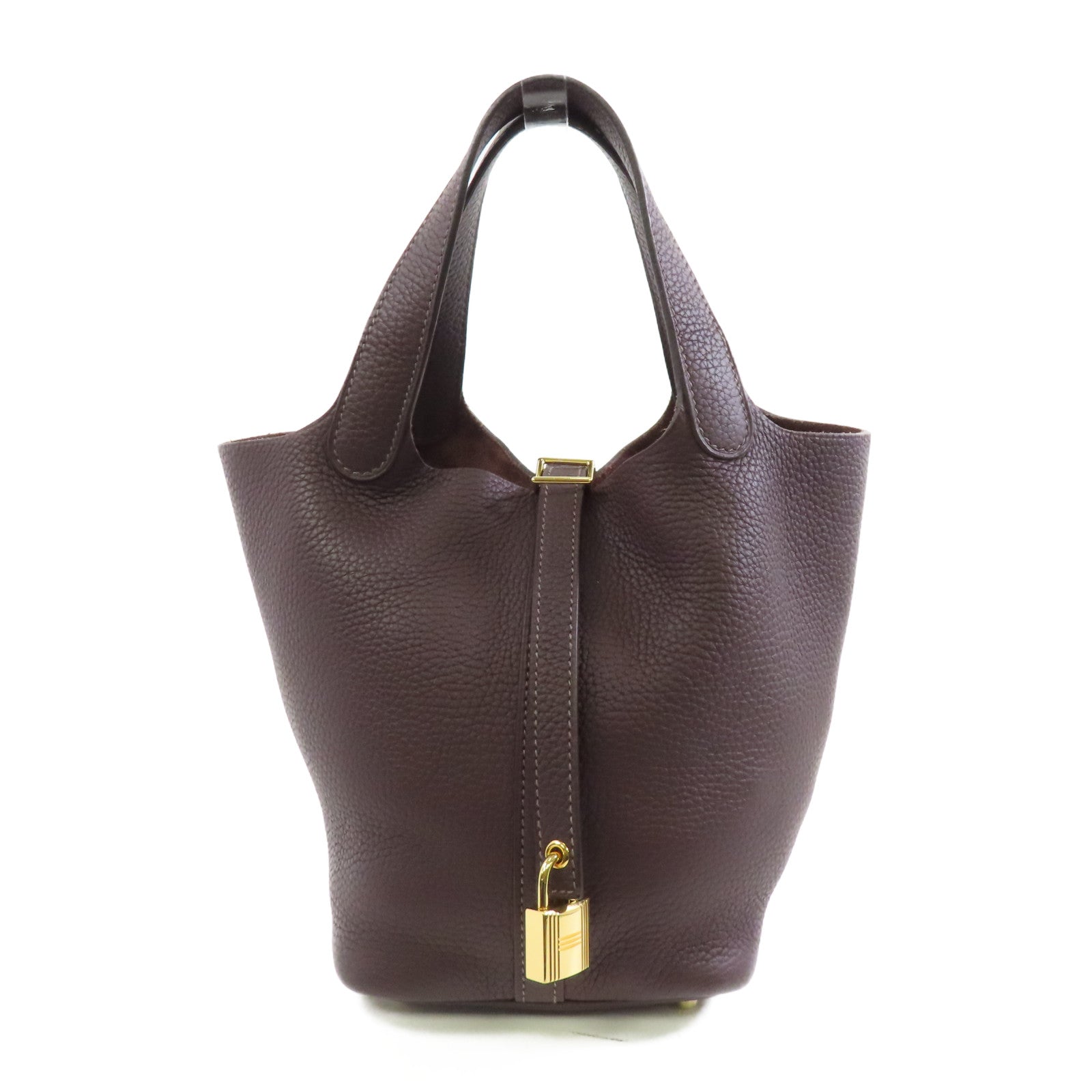 HERMES Clemence皮革Picotin PM金扣手挽袋Rouge Sellier/棕色