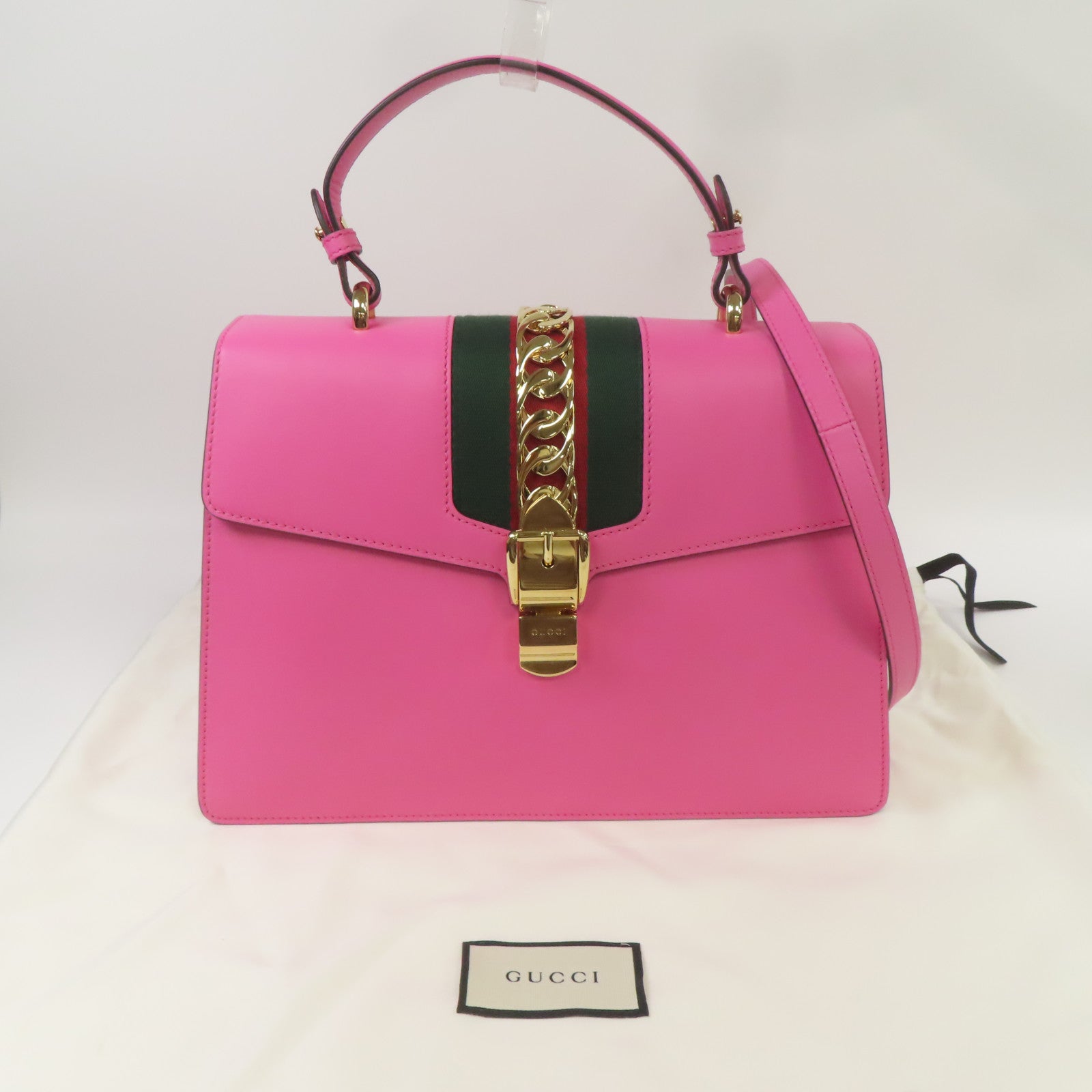 GUCCI 牛皮皮革Sylvie Medium金扣手挽肩背兩用袋粉紅色
