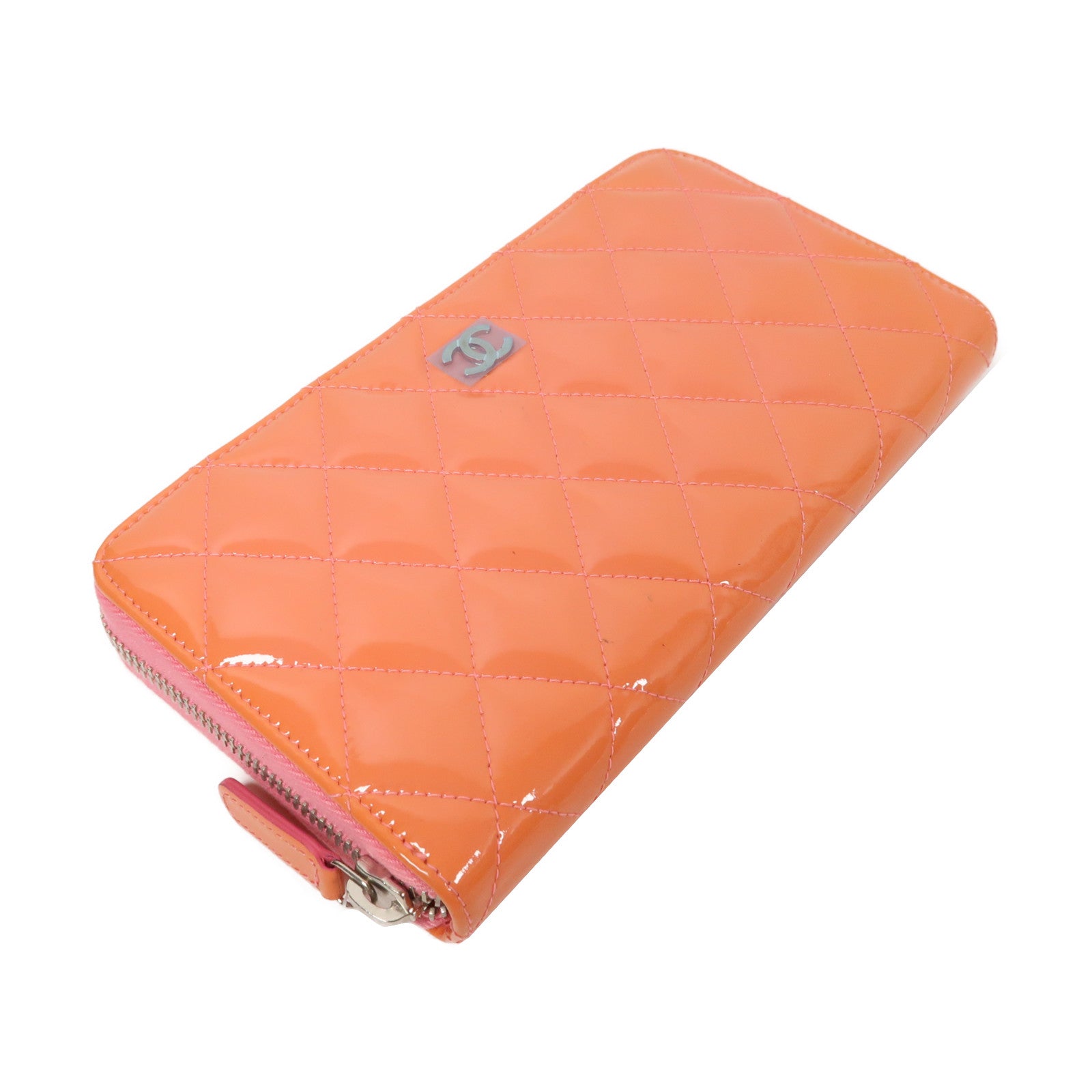 CHANEL 菱格漆皮皮革Long Wallet銀扣長錢包橙色