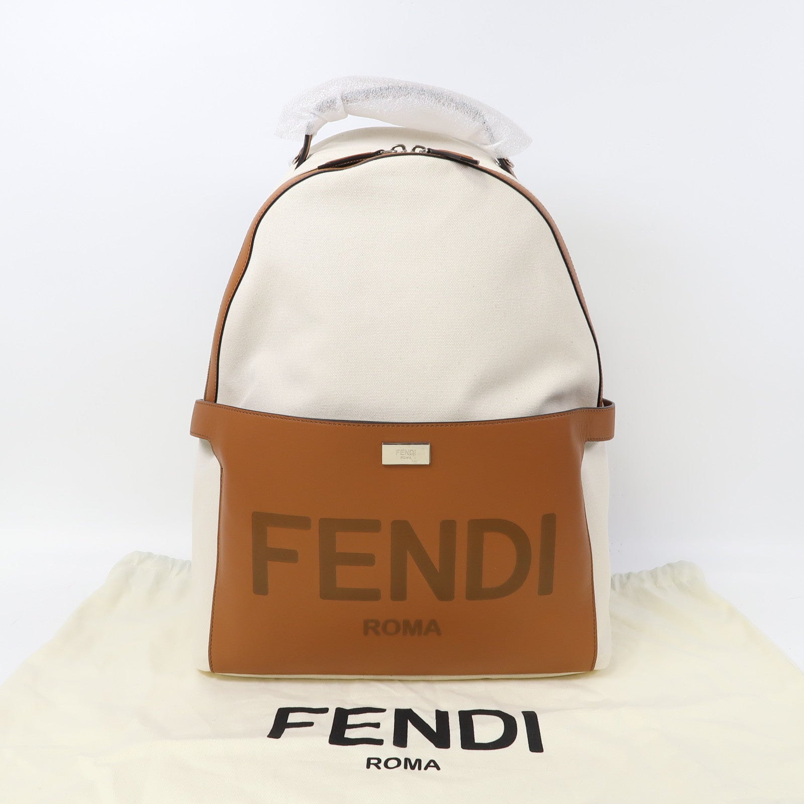FENDI 【激減優惠】帆布/皮革Backpack銀扣背包白色/啡色