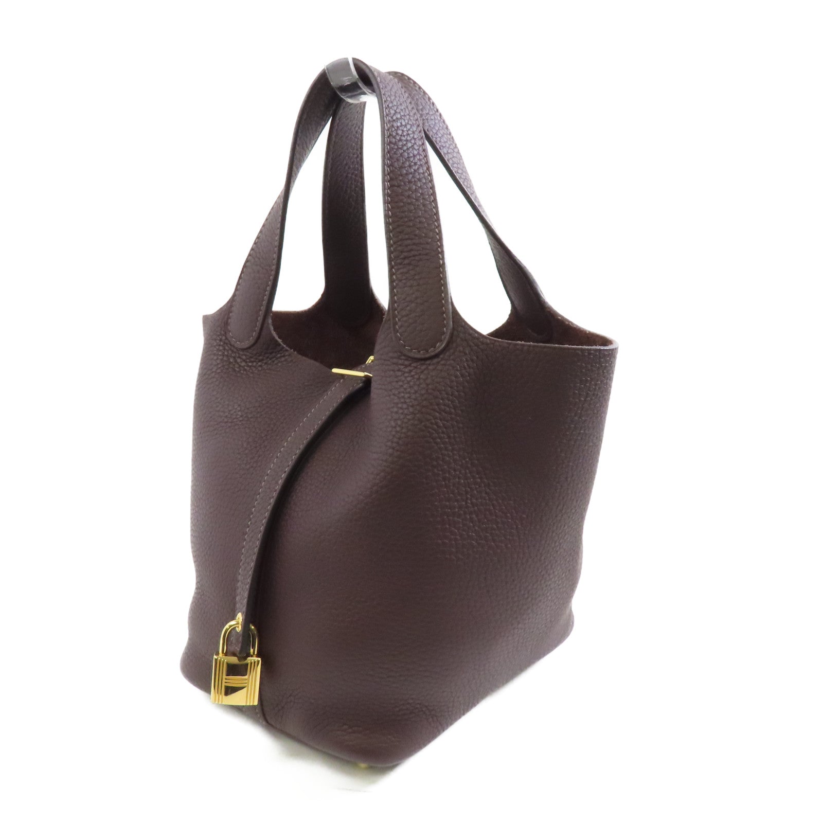 HERMES Clemence皮革Picotin PM金扣手挽袋Rouge Sellier/棕色