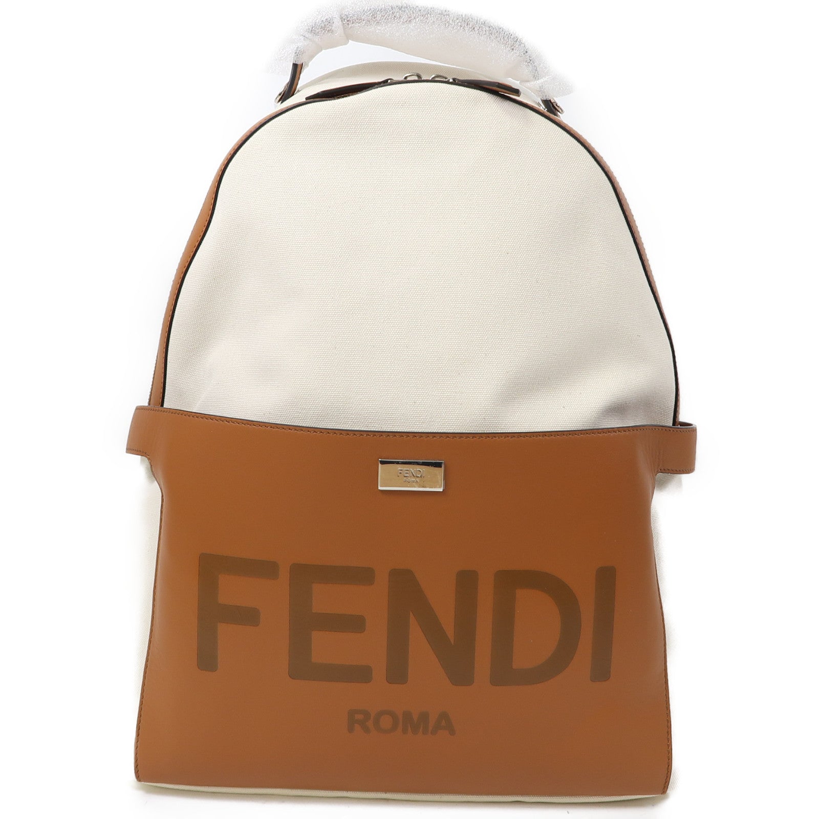 FENDI 【激減優惠】帆布/皮革Backpack銀扣背包白色/啡色