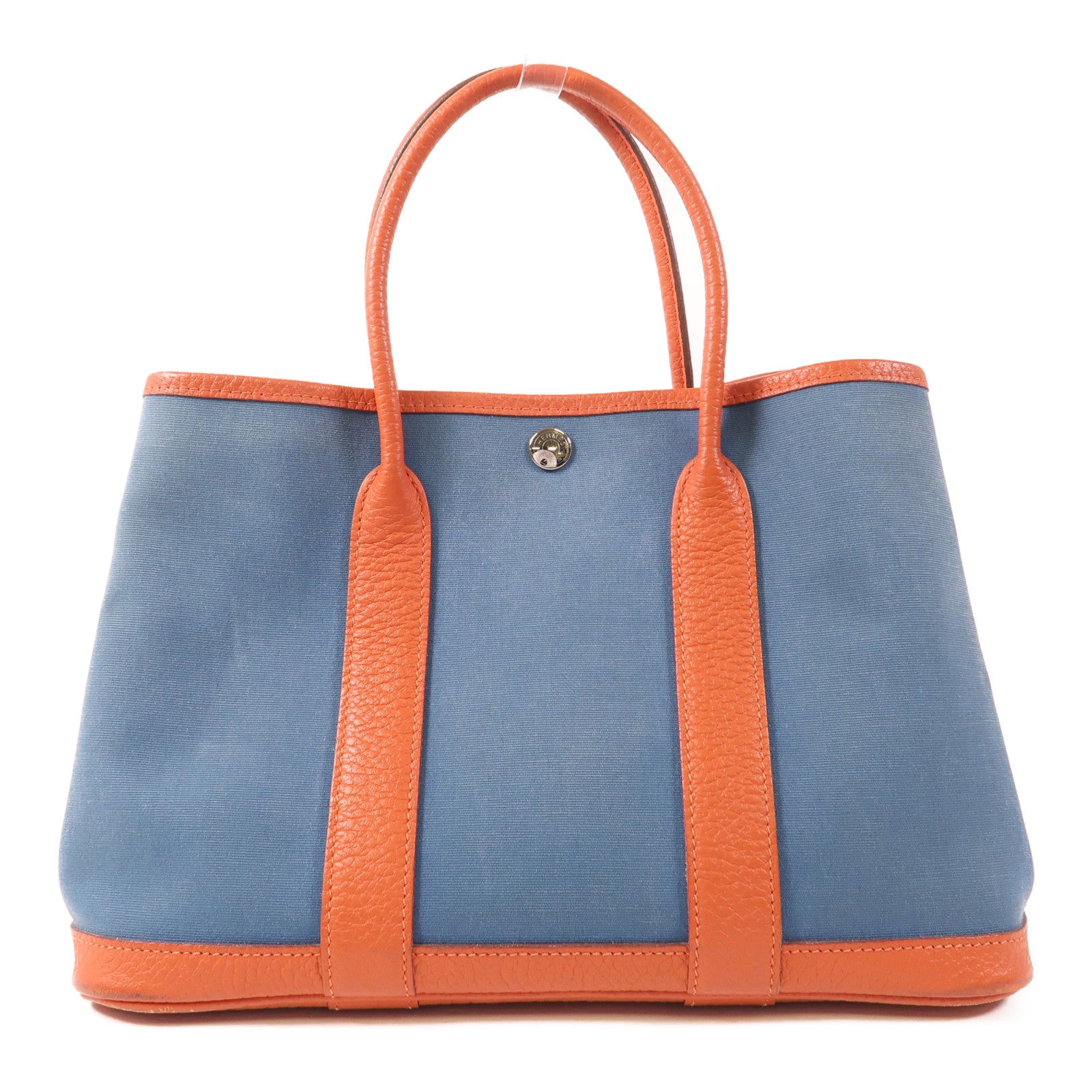HERMES 【激減優惠】帆布Garden Party TPM銀扣手挽袋Bleu Outremer/Capucine