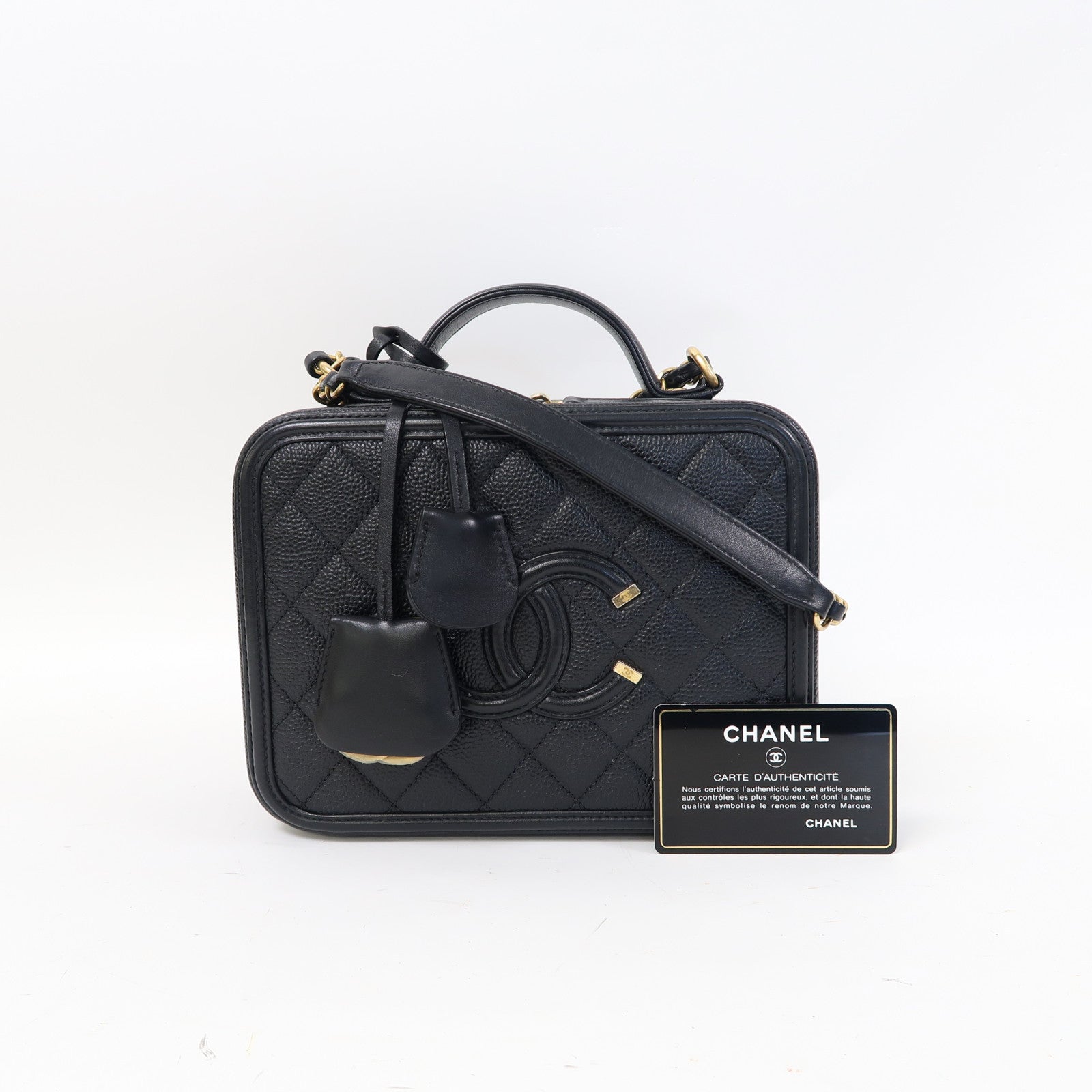 CHANEL 菱格Caviar皮革Vanity Case金扣鏈帶肩背袋黑色