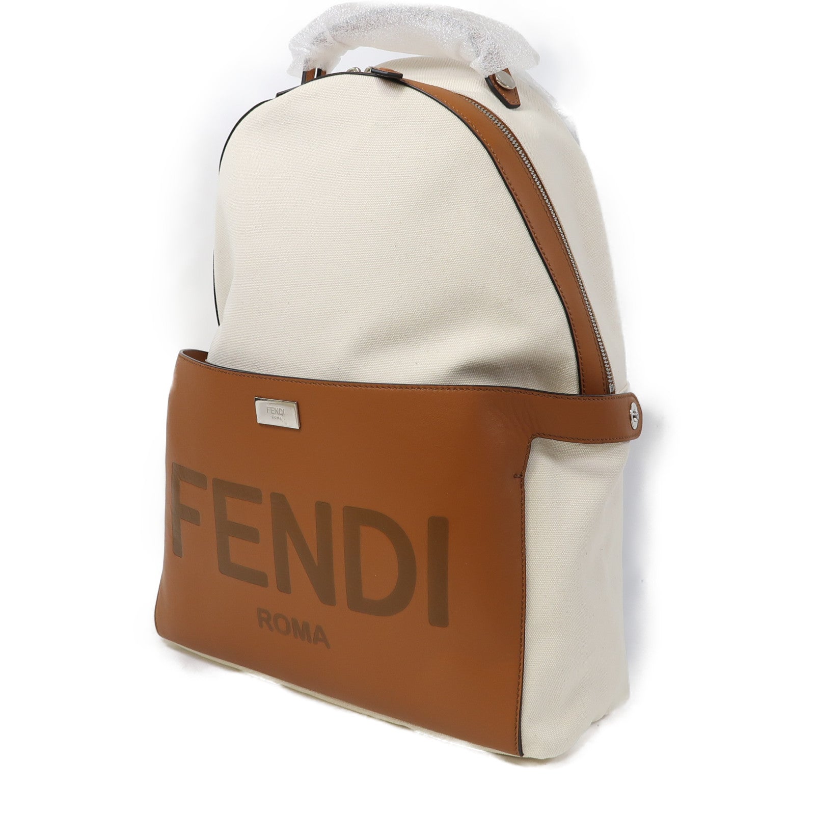 FENDI 【激減優惠】帆布/皮革Backpack銀扣背包白色/啡色