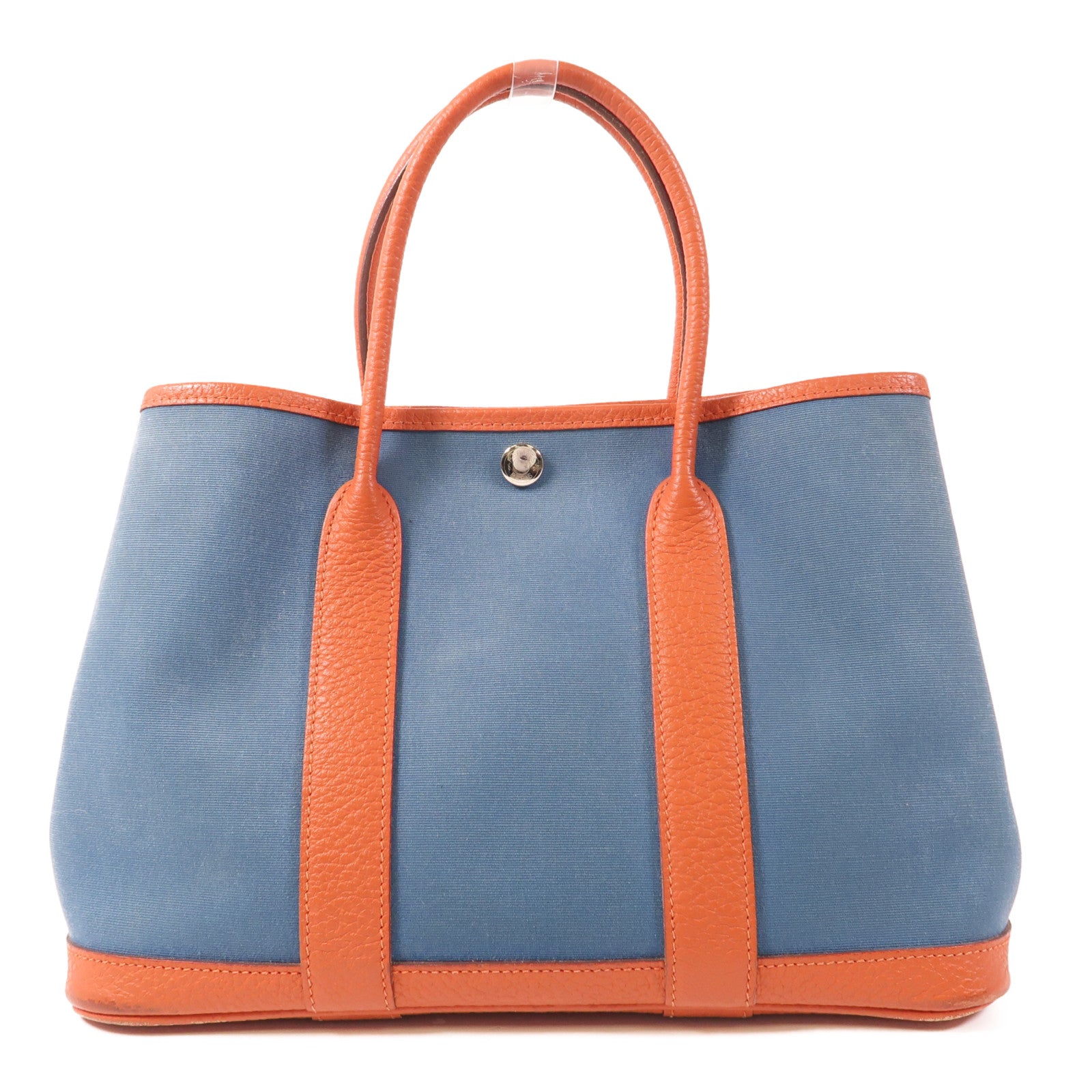 HERMES 【激減優惠】帆布Garden Party TPM銀扣手挽袋Bleu Outremer/Capucine