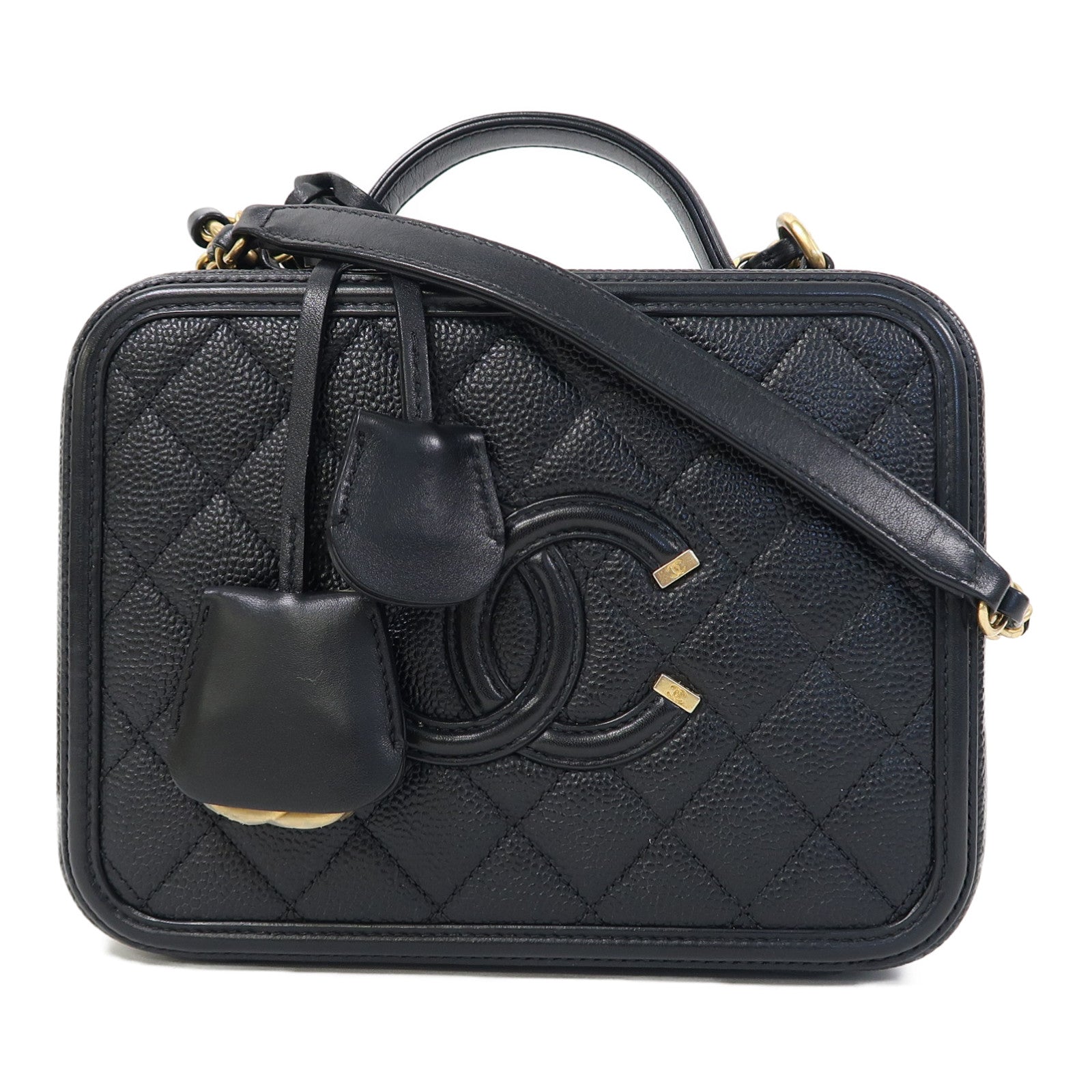 CHANEL 菱格Caviar皮革Vanity Case金扣鏈帶肩背袋黑色