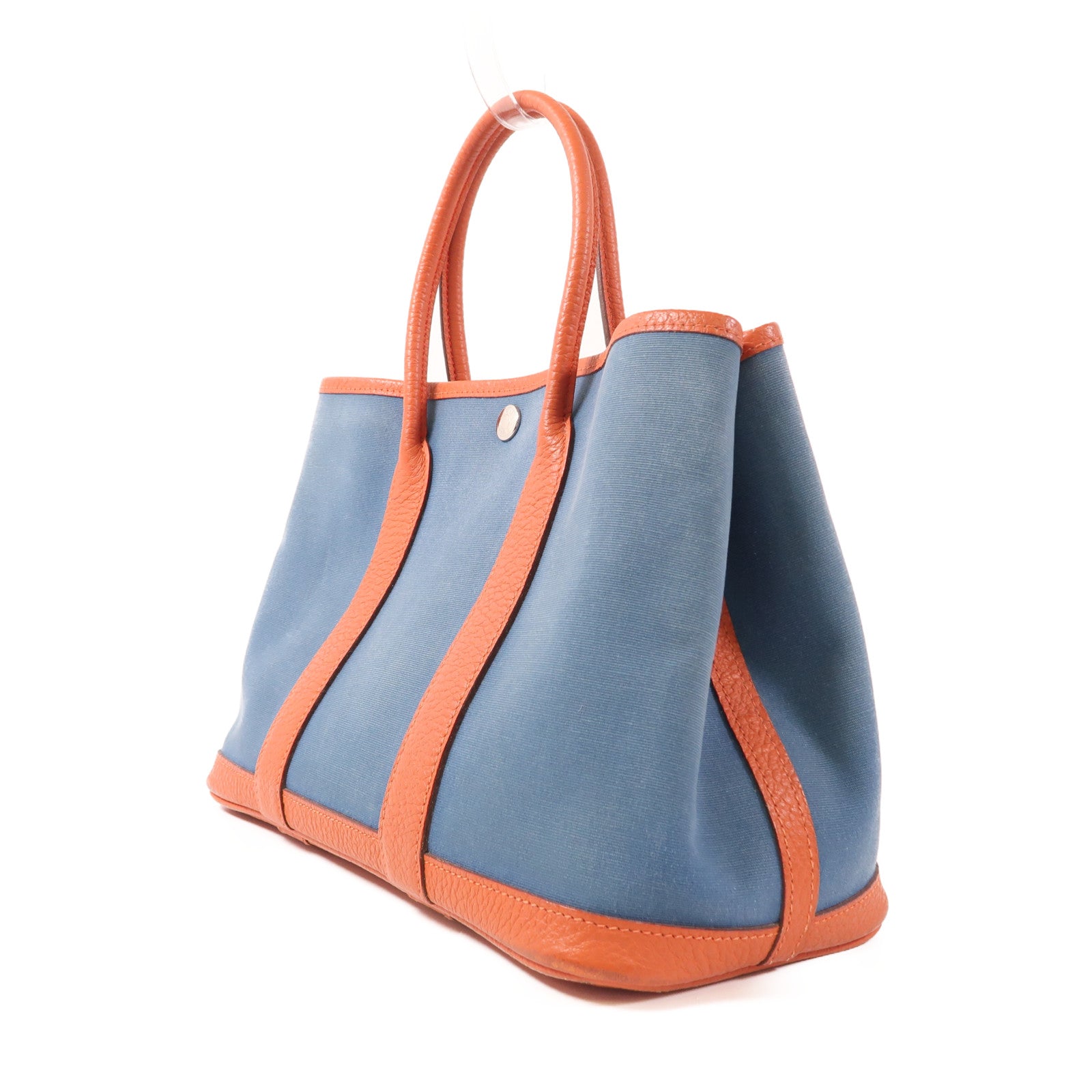 HERMES 【激減優惠】帆布Garden Party TPM銀扣手挽袋Bleu Outremer/Capucine