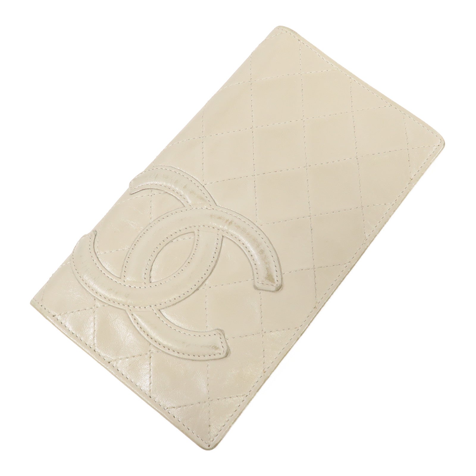 CHANEL 【清倉大減價】菱格牛皮皮革Cambon Wallet銀扣長錢包白色
