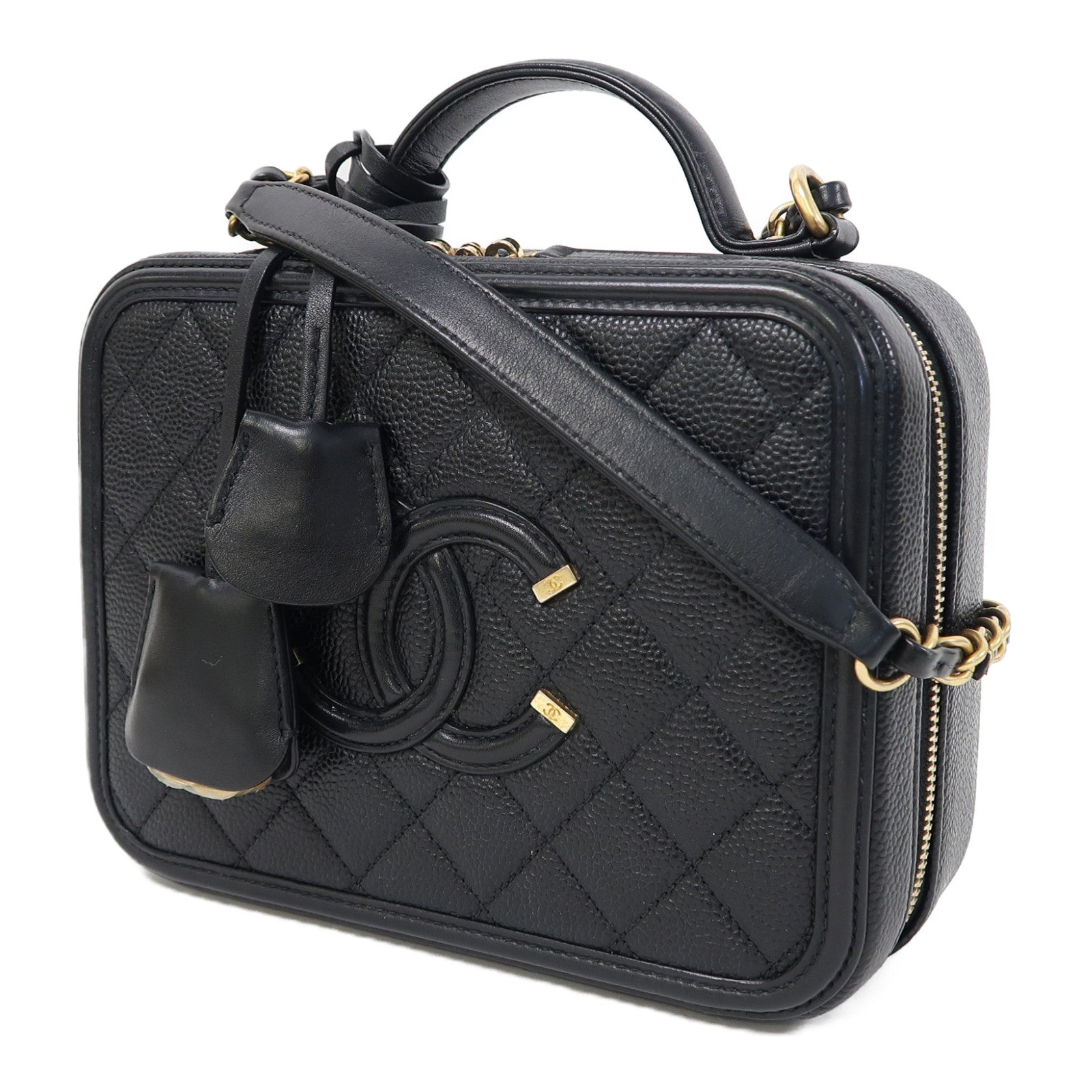 CHANEL 菱格Caviar皮革Vanity Case金扣鏈帶肩背袋黑色