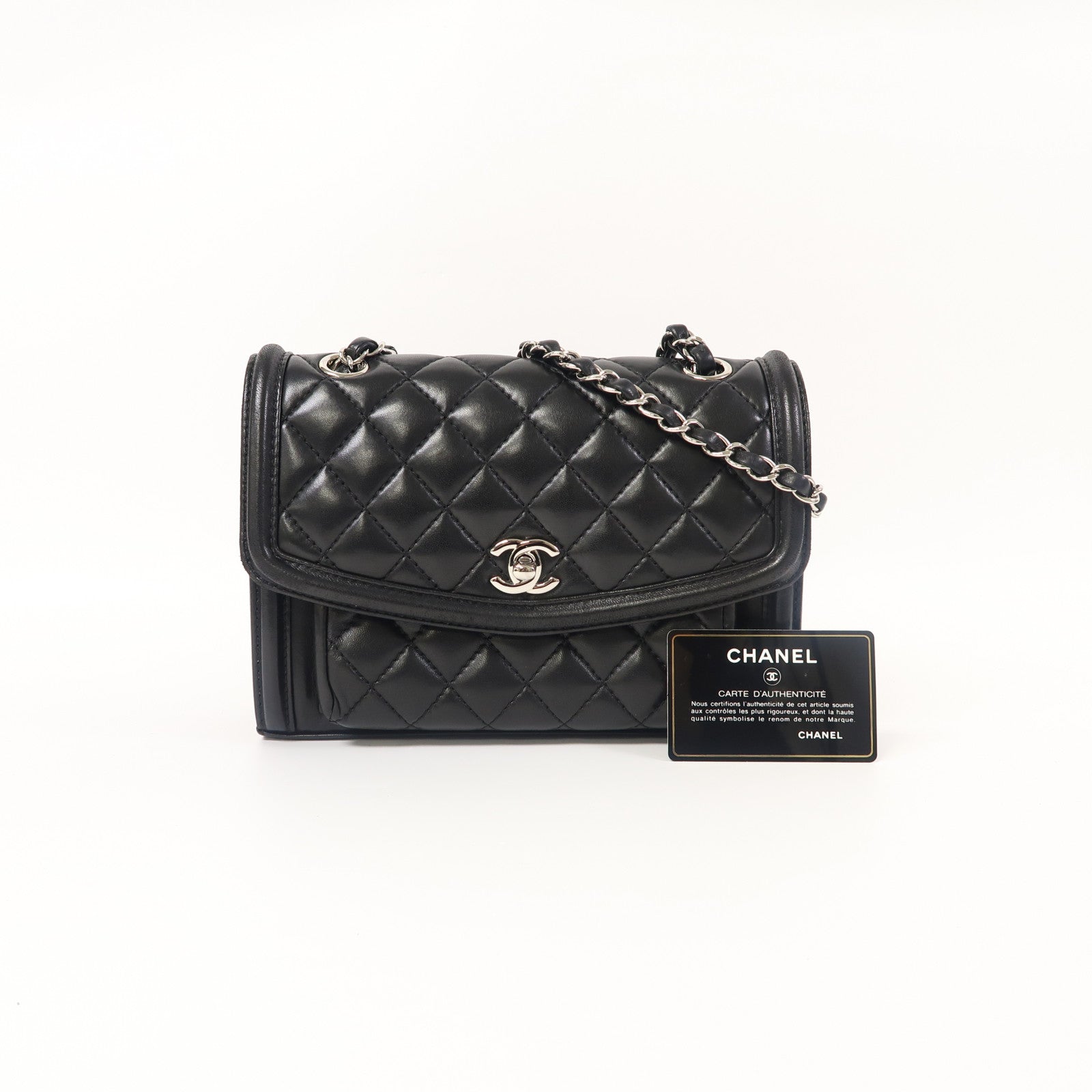 CHANEL 菱格羊皮皮革Chain Shoulder銀扣鏈帶肩背袋黑色